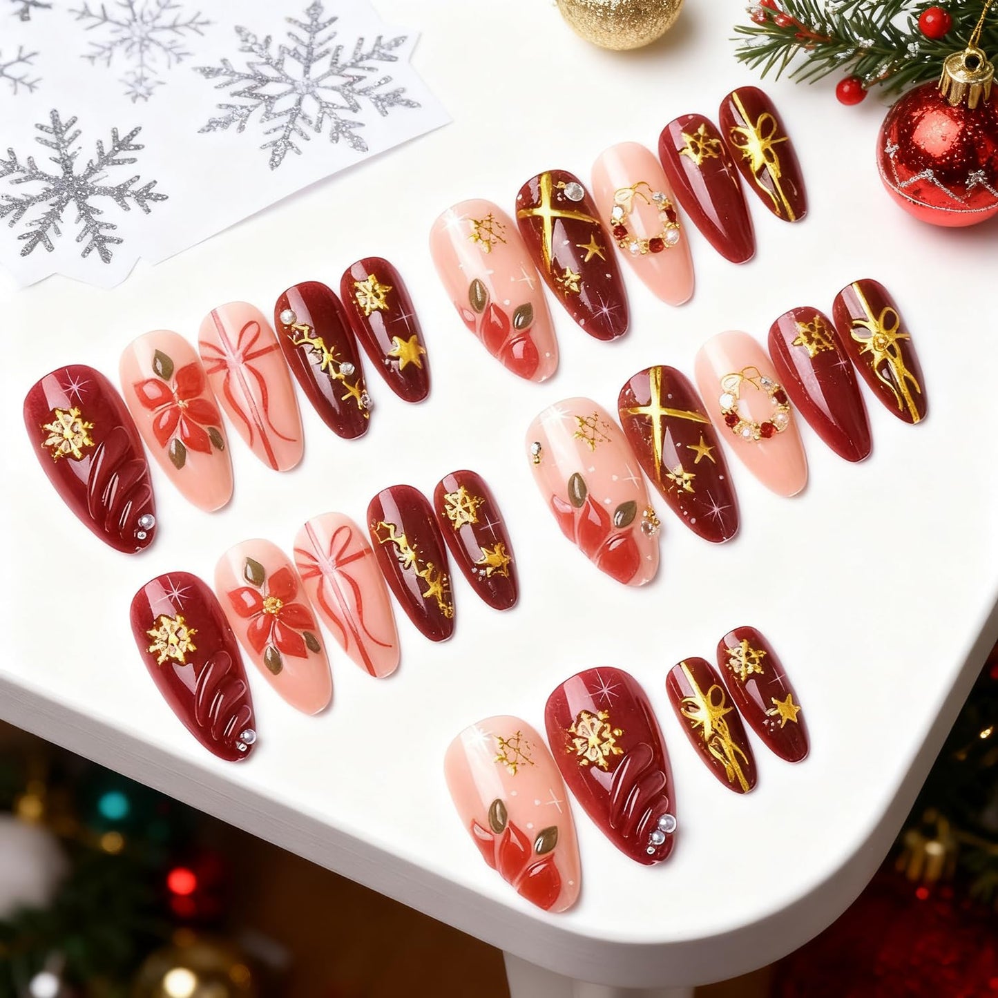 Christmas Press-On Nails - 24Pcs Medium Almond Acrylic with 3D Gold Snowflake & Floral Designs | Winter Red Full Cover