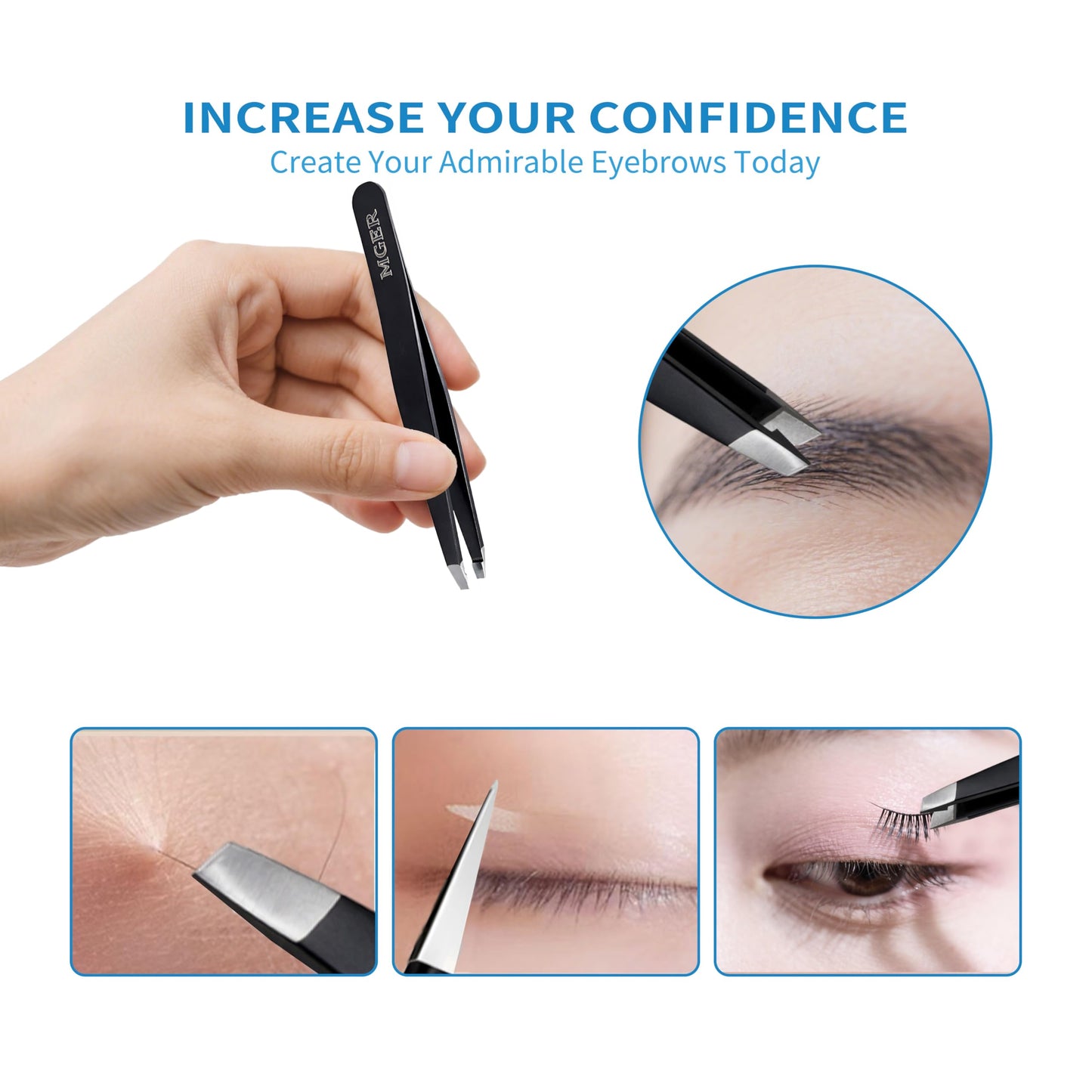 MGER Tweezers Set - Professional Stainless Steel Tweezers for Eyebrows - Great Precision for Facial Hair, Splinter and Ingrown Hair Removal