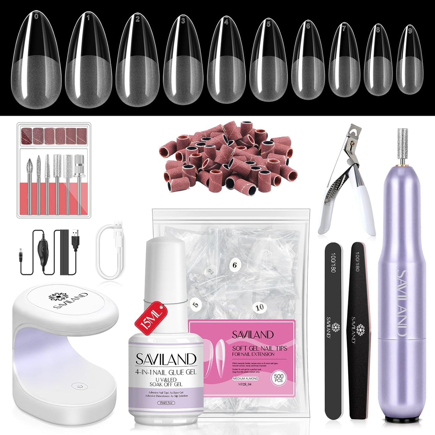 Acrylic Nail Kit with Drill & UV Light - Clear, Pink, Black & Red Powder & Gel Polish for DIY Nail Art
