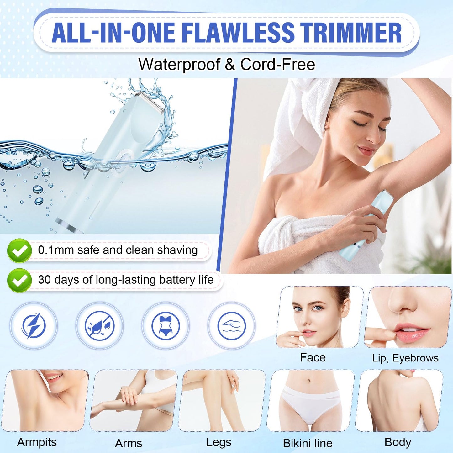 Nest Timber Women's Bikini Trimmer, 2-in-1 Electric Shaver for Bikini Line, Legs, Underarms, Face - Waterproof Women's Electric Shaver for Sensitive Skin, USB Rechargeable