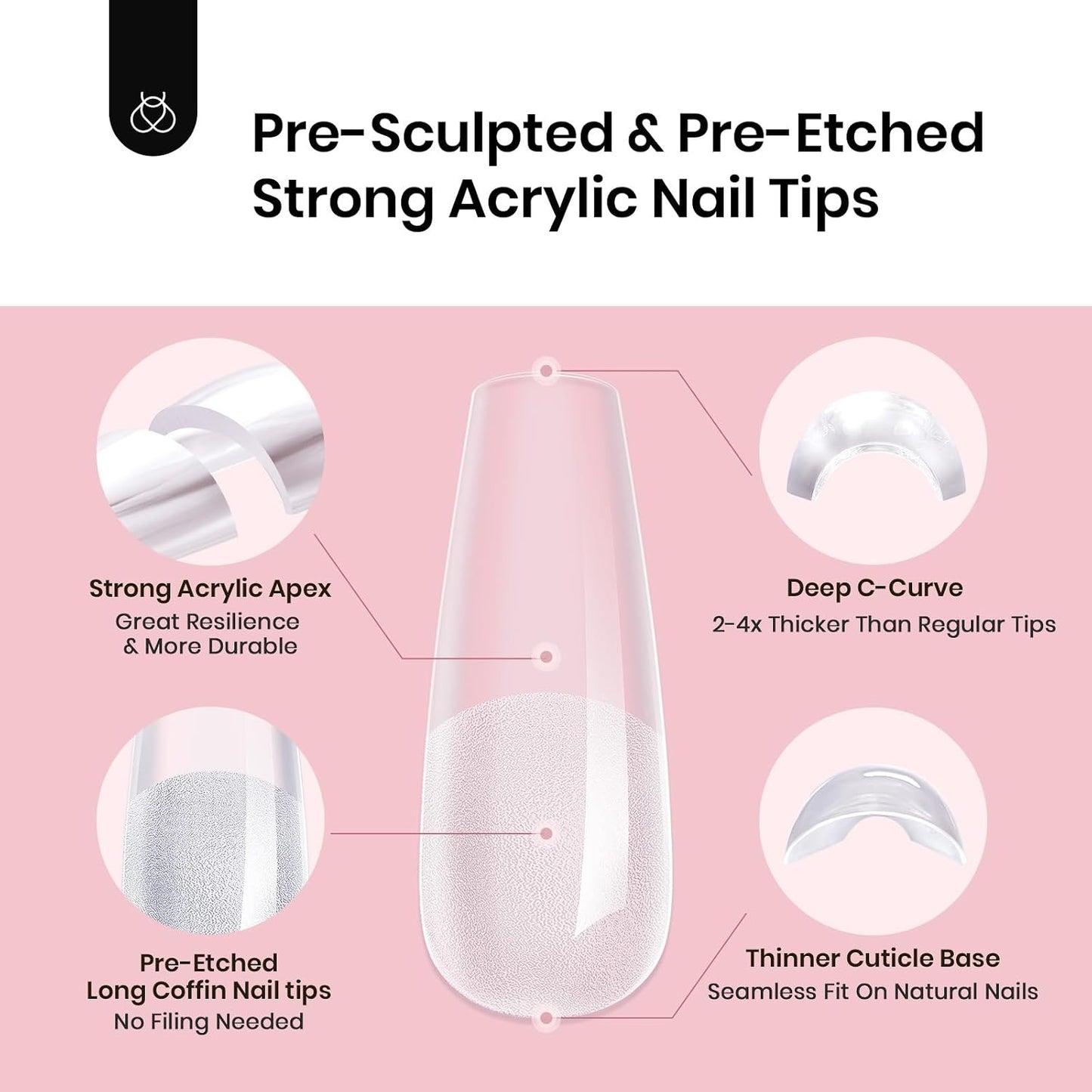 Apex Nail Tips - Long Coffin Shape, 192pcs in 16 Sizes 00-14 | Thicker Acrylic for DIY Salon Extensions
