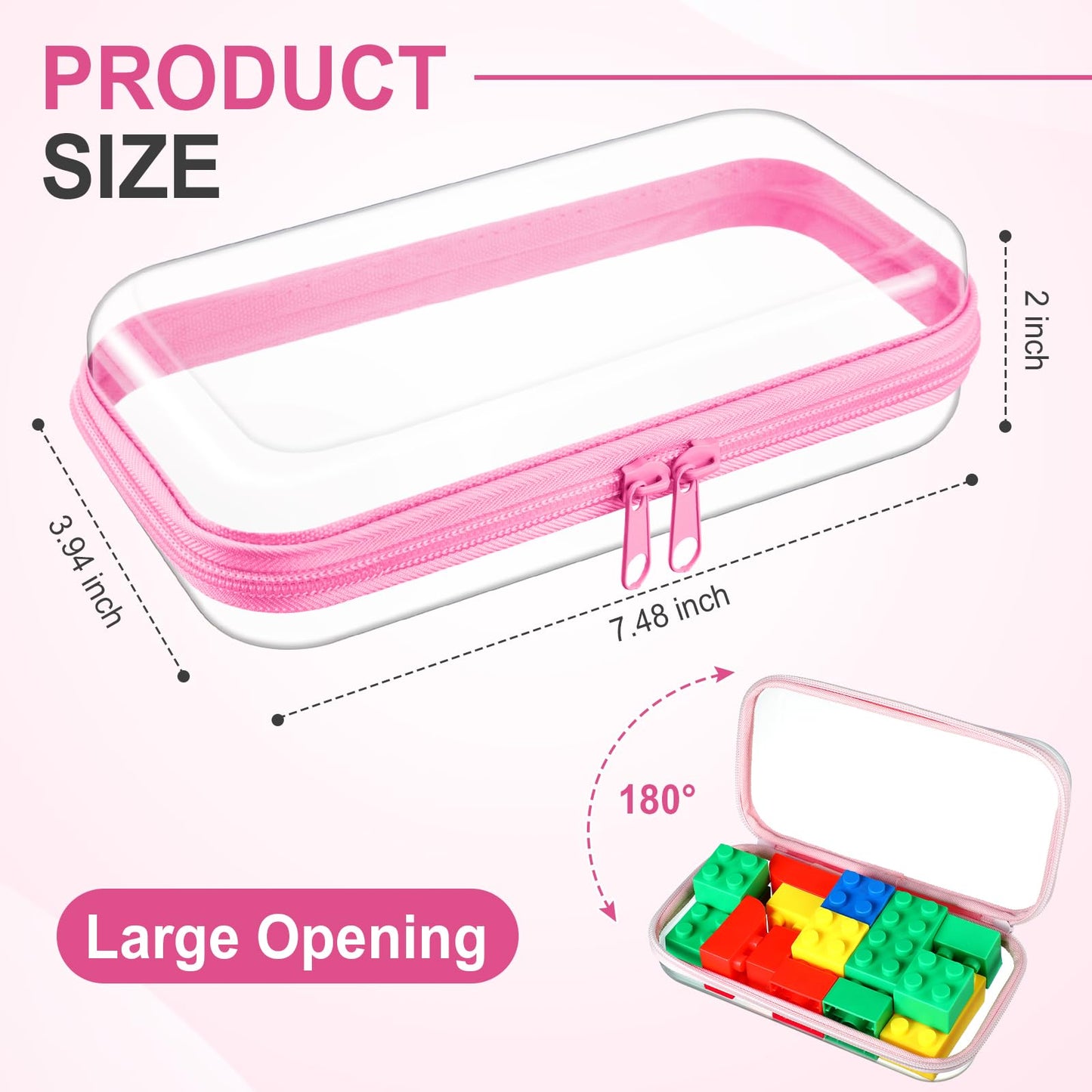 Hoolerry 4 Pcs Hard Clear Zipper Case Makeup Bags Plastic Zipper Pouch Transparent Storage Box Containers for Cosmetics, Snacks, Building Blocks, Puzzles(Clear,7.5 x 3.9 x 2 in,Pink)