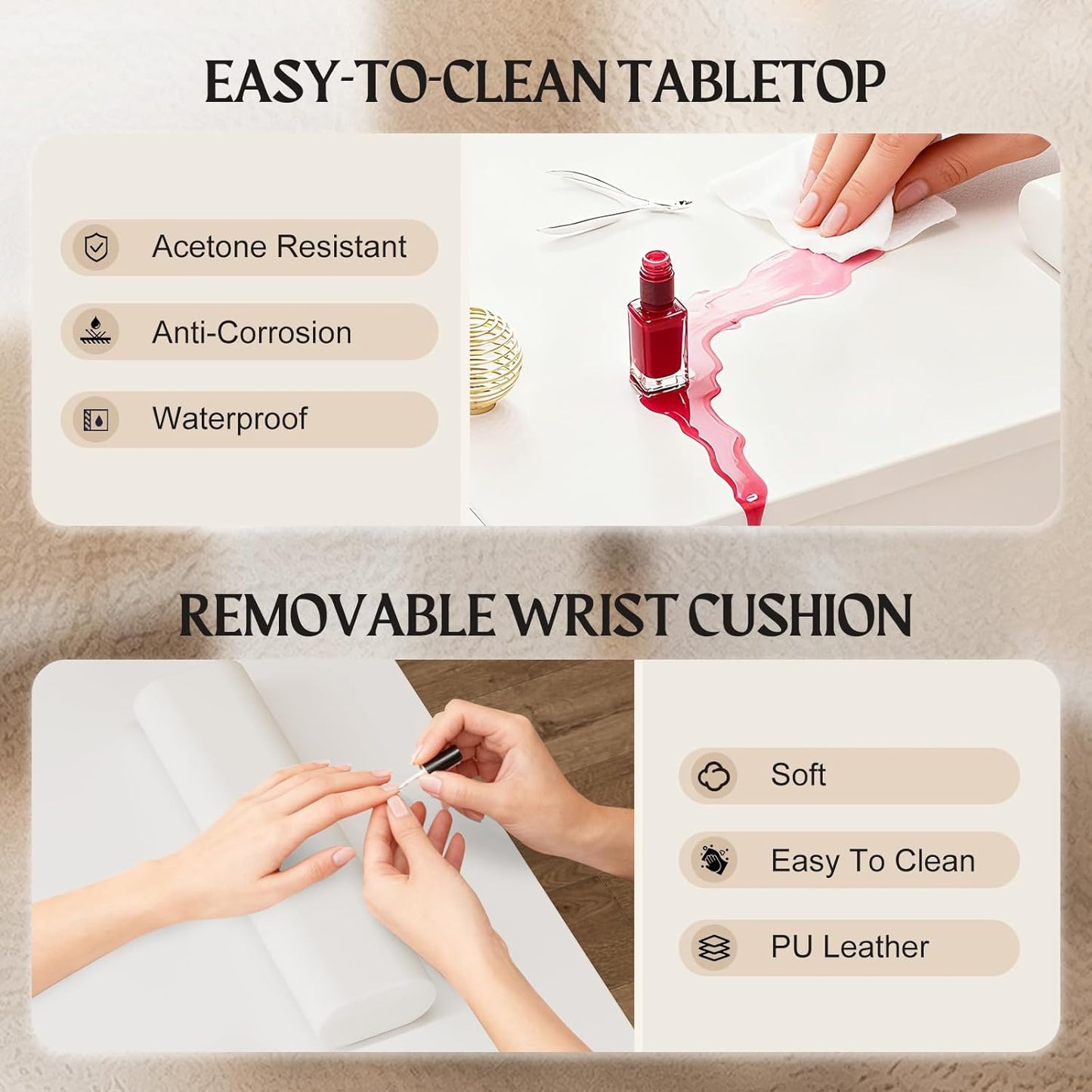 Manicure Table - Paddie Nail Desk with Extendable Surface, Trash Bag Holder & Lockable Wheels | White
