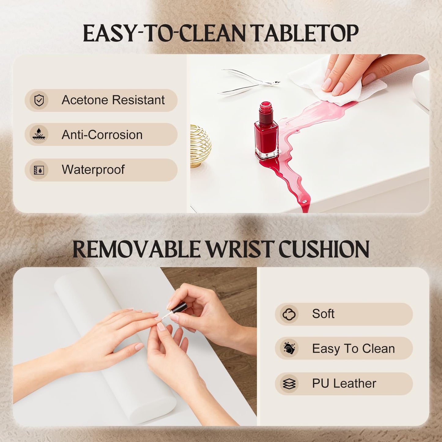 Paddie Manicure Table with Extendable Table, Nail Desk Table for Nail Tech with Trash Bag Holder & Vertical Drawer, Nail Beauty Station with Wrist Cushion, Lockable Wheels, Storage Cabinet(White-New)