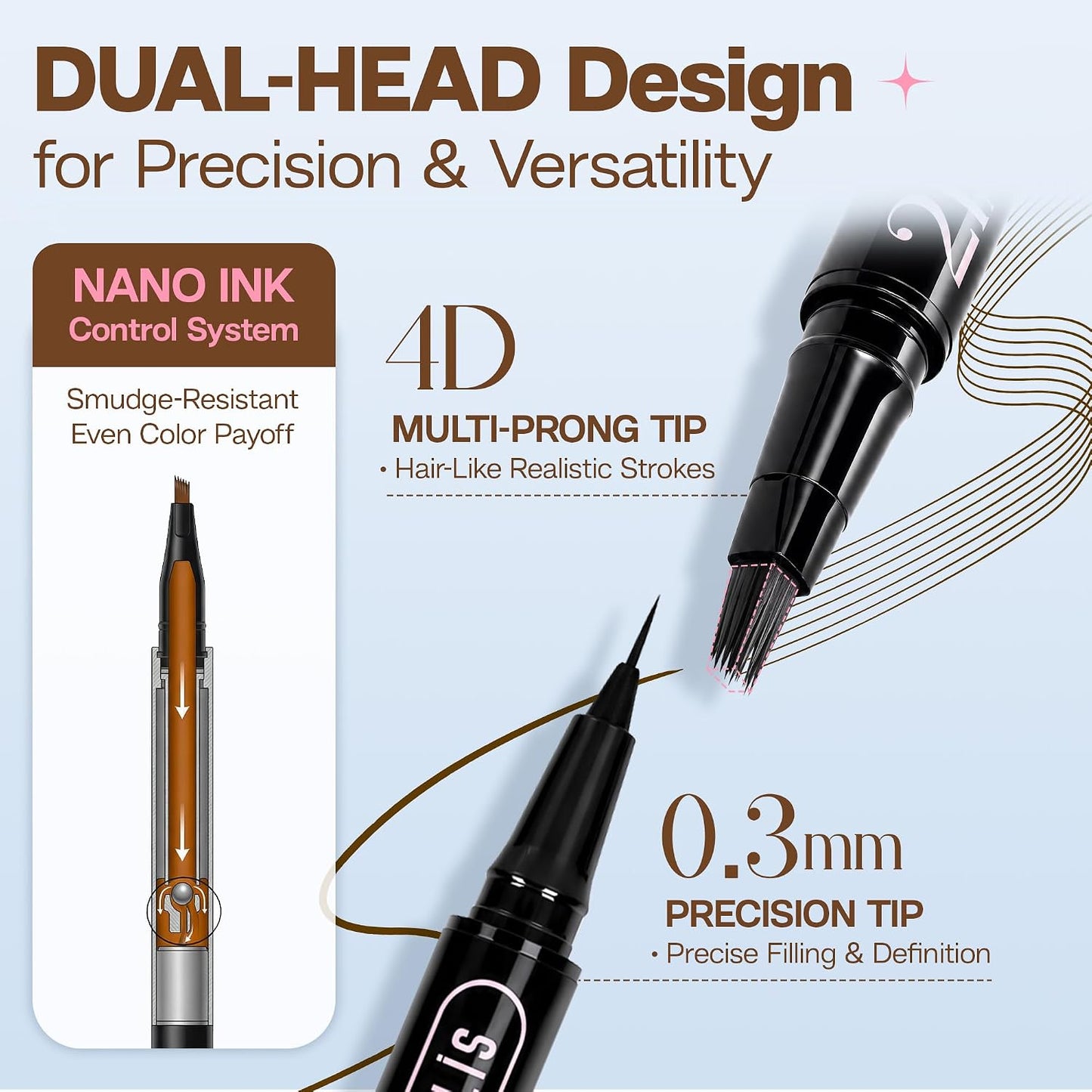 Eyebrow Pencils for Women - 2-in-1 Microblading & Brush-Tip Dual-Ended Liquid, Waterproof for Natural Hair-Like Brows | Light Brown