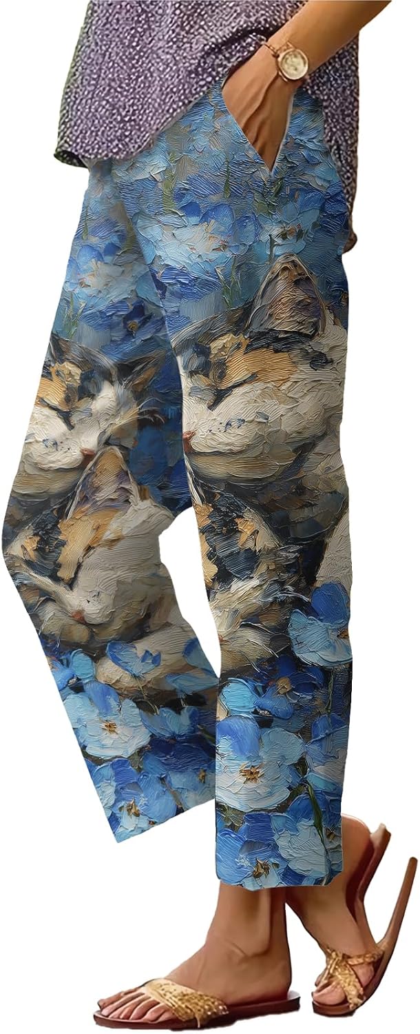 Womens Plus Size Floral Boho Capris - Elastic Waist Beach Trousers | Casual Summer Pants