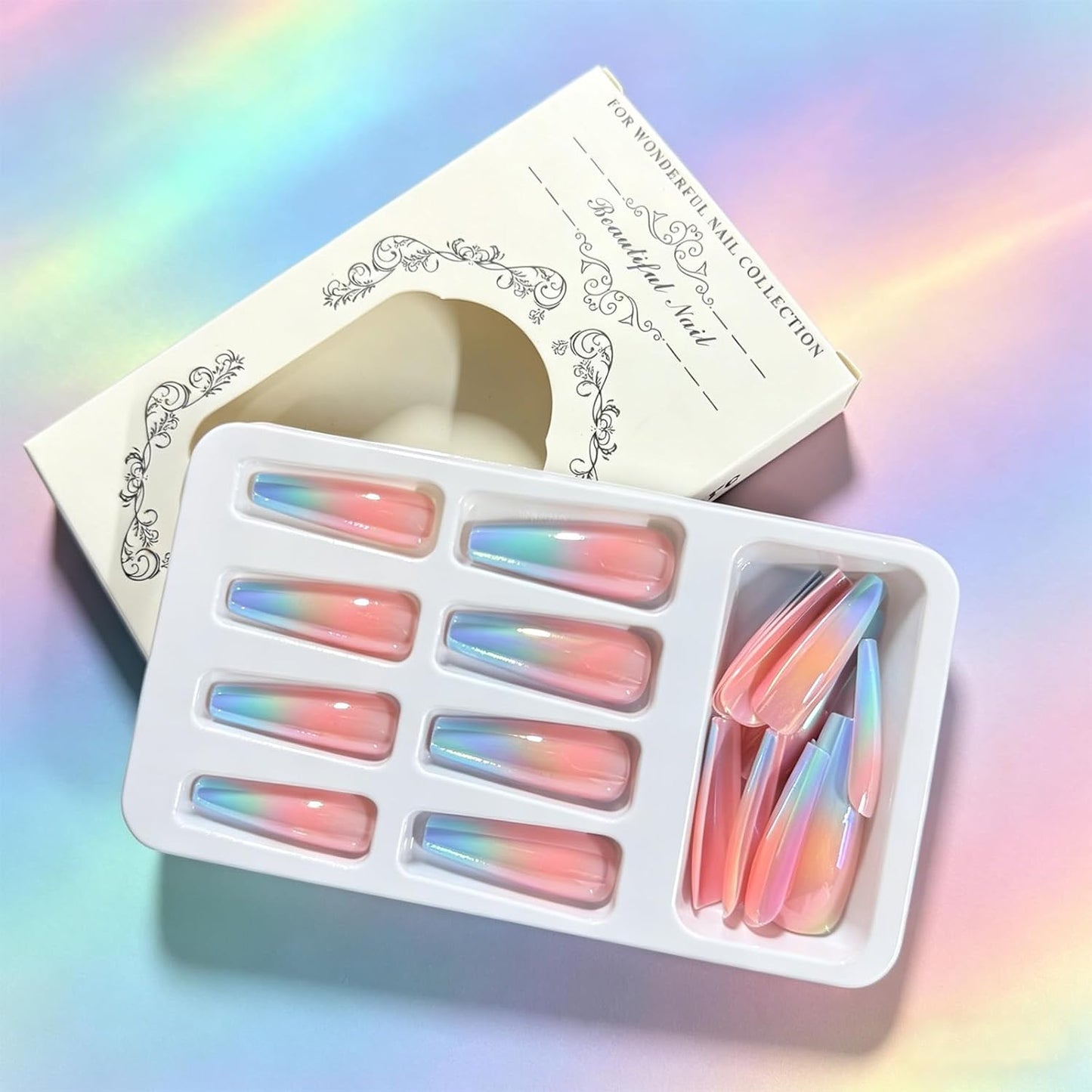 Press On Nails - Pink Blue Gradient Long Coffin Glossy Acrylic | 24 Pcs Reusable Full Cover for Summer Beach Wear