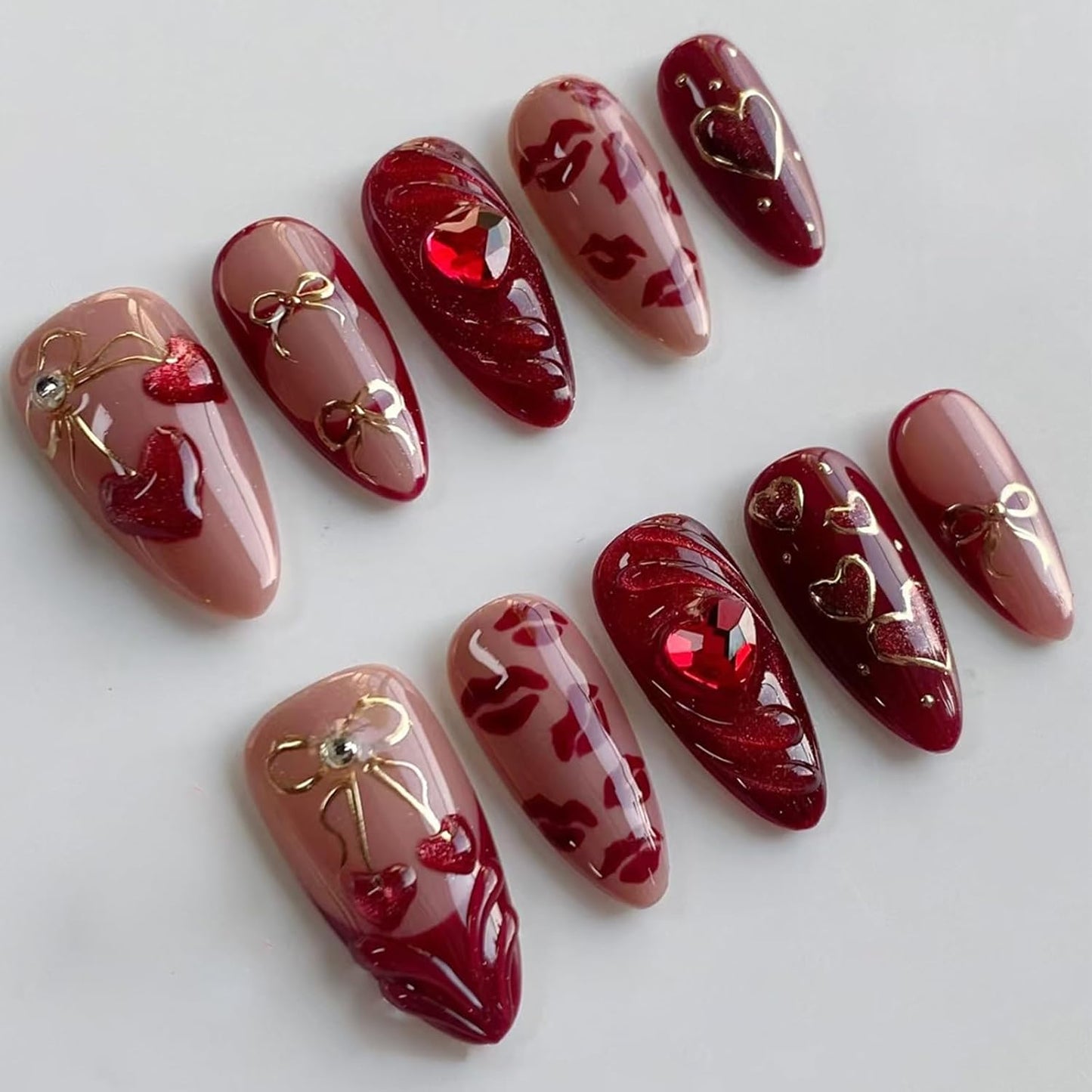 French Tip Press-On Nails - 24 Pcs Medium Almond 3D Flower Design | Glossy Acrylic Full Cover with Gold Pearl Accents