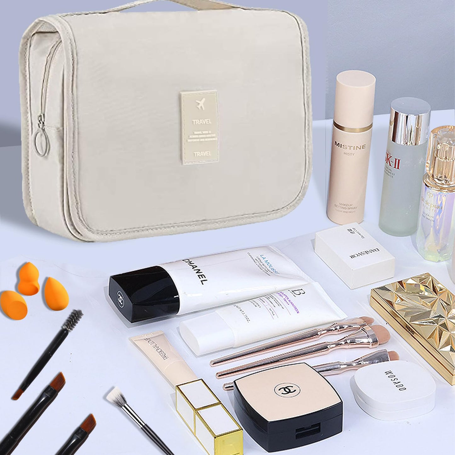 L&FY Hanging Travel Toiletry Bag Women's Cosmetic Organizer Makeup Case Pouch Men's Shaving Kits With Handle (Beige)