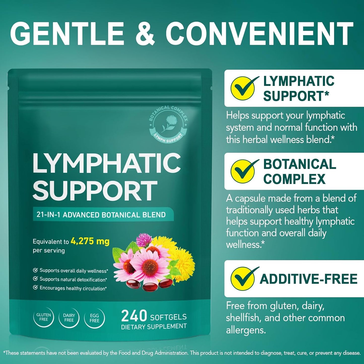 Lymphatic Drainage Supplement - 21-in-1 Botanical Blend for Detox & Circulation | 240 Softgels, 4,275 mg