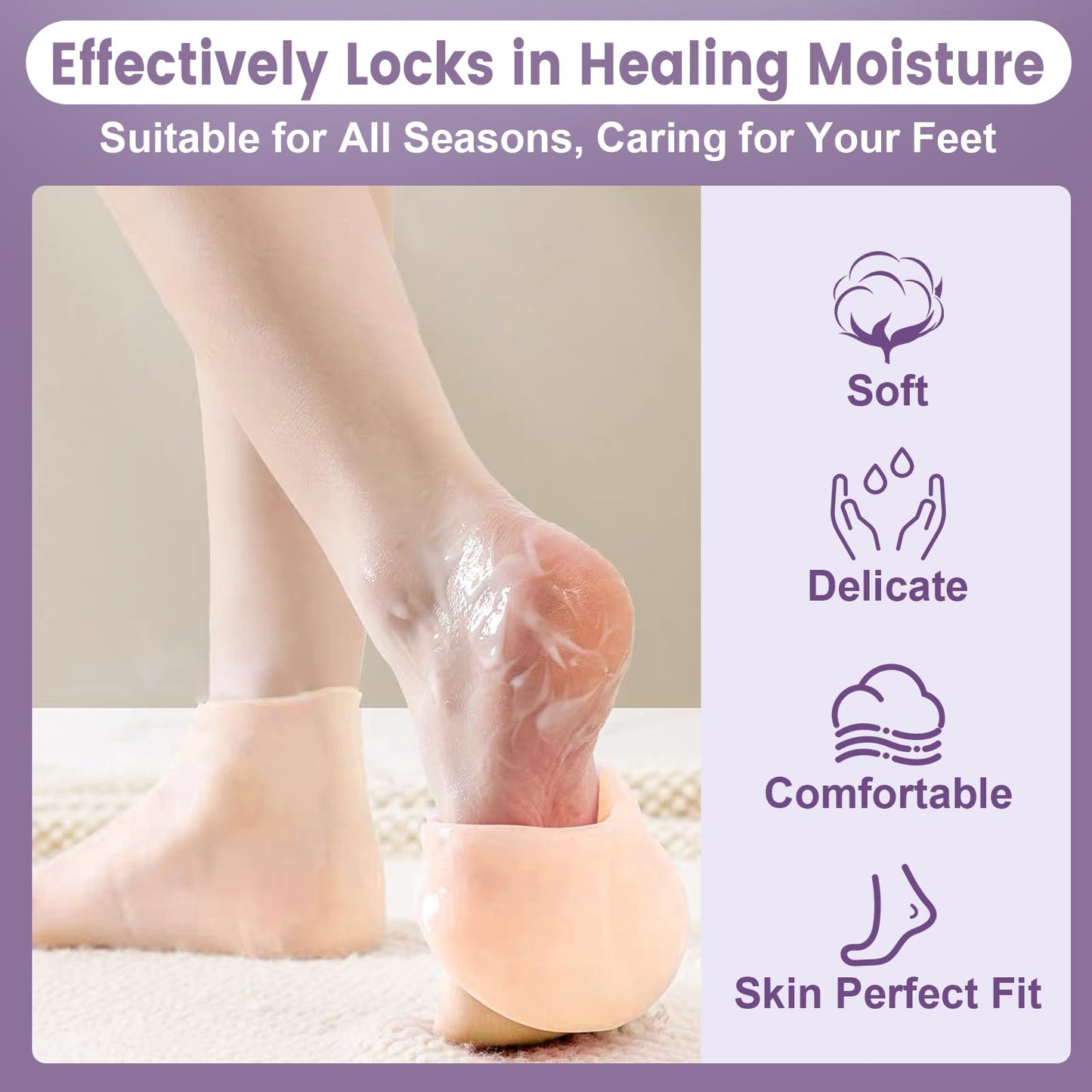 TEAWOO 5 Pairs Silicone Socks for Dry Cracked Feet, Women's Foot Socks for Moisturizing (Beige, Fits Up to Size 9)