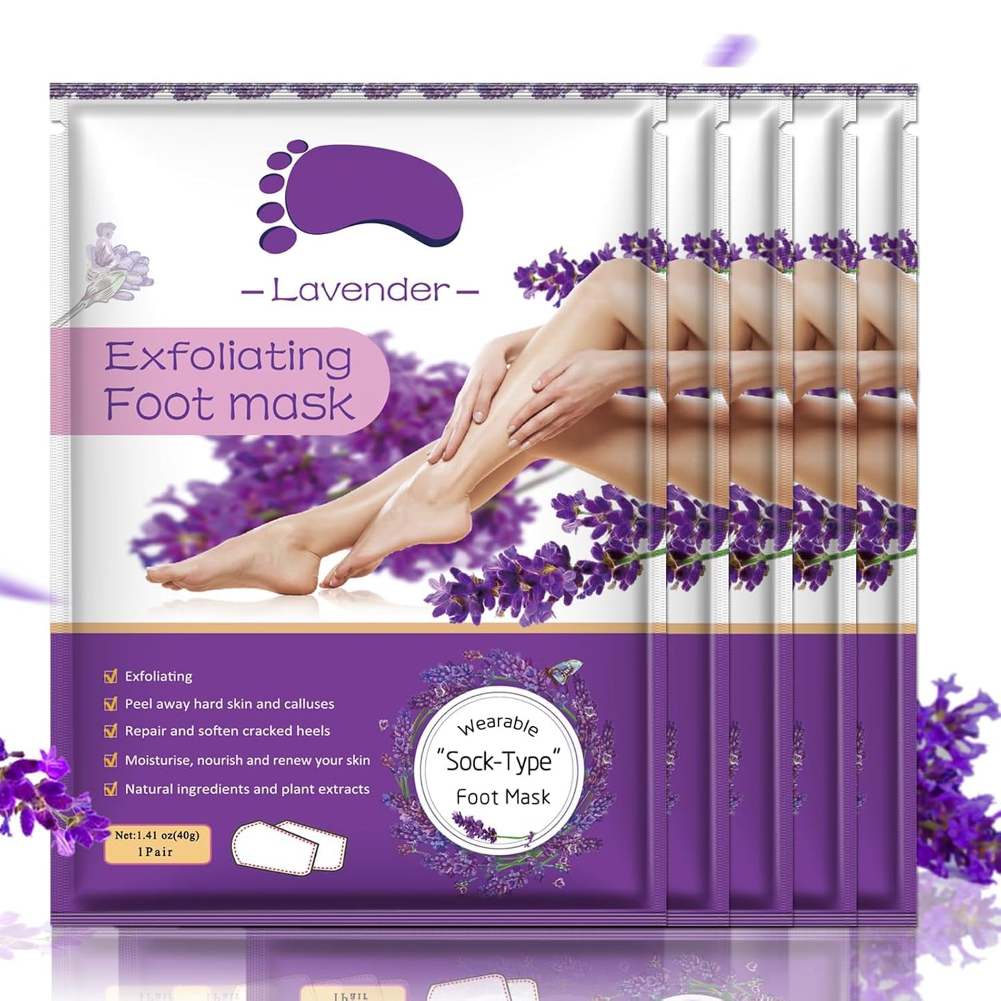 Foot Peel Mask - 5 Pack Exfoliating Treatment for Dead Skin, Calluses & Cracked Heels | Lavender Scent