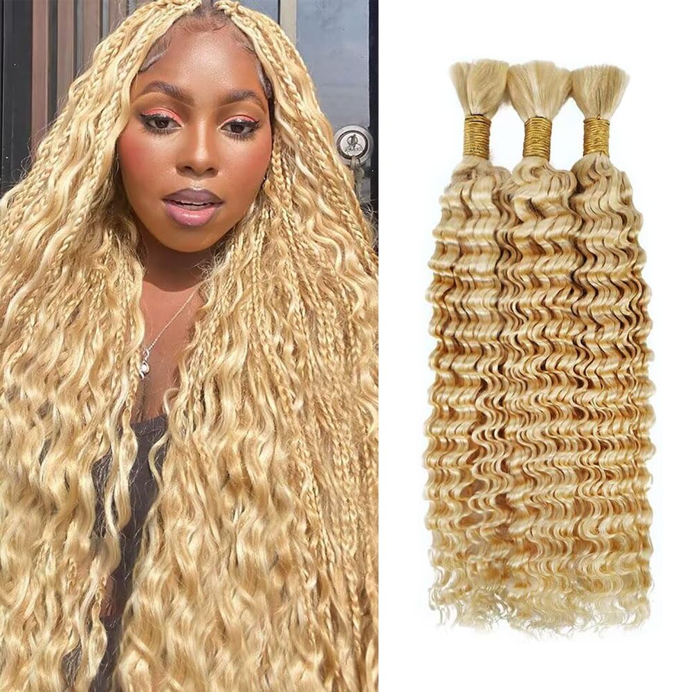 26 26 26 inch Blonde Human Braiding Hair 150g Honey Blonde Deep Wave Bulk Human Hair for Braiding No Weft 3 Braids Per Pack 27 Mixed With 613 Color