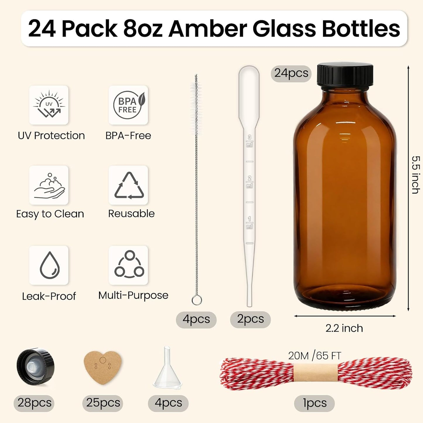 Amber Glass Bottles - 24 Pack 8oz Boston Round with Airtight Caps for Extracts, Tinctures & Juices