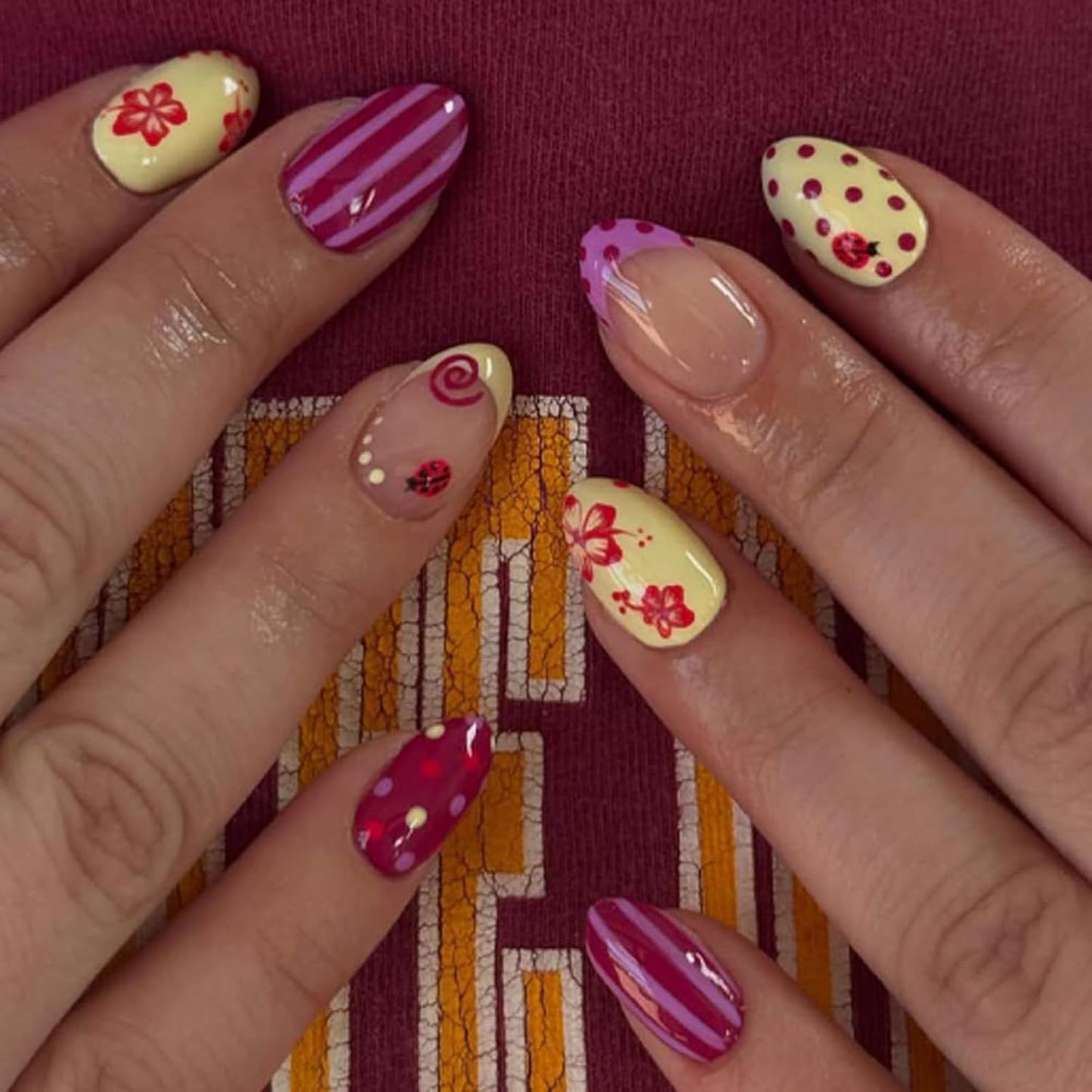Press On Nails - Medium Oval Pink Fake Nails with Summer Designs | 24 Pcs Reusable Glossy Full Cover