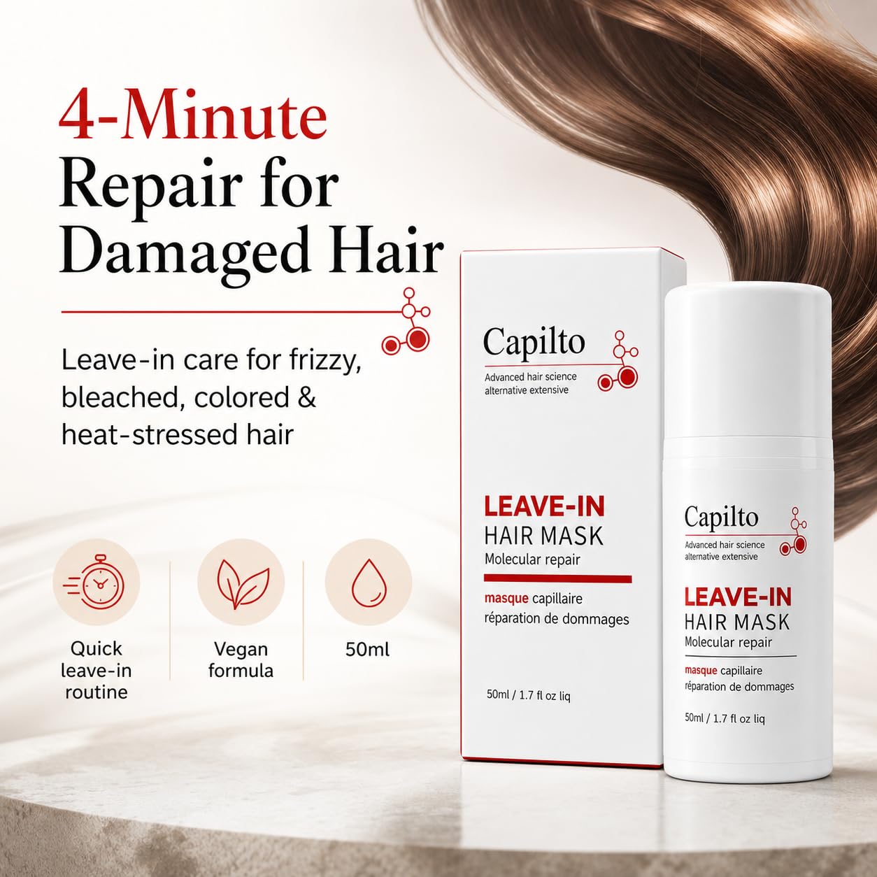 Capilto Leave-In Molecular Hair Repair Mask Keratin – Deep Conditioning Repair for Frizzy & Damaged Hair, Fixes Bleach, Color & Heat Damage in 4 Minutes, Vegan & Paraben Free 50ml