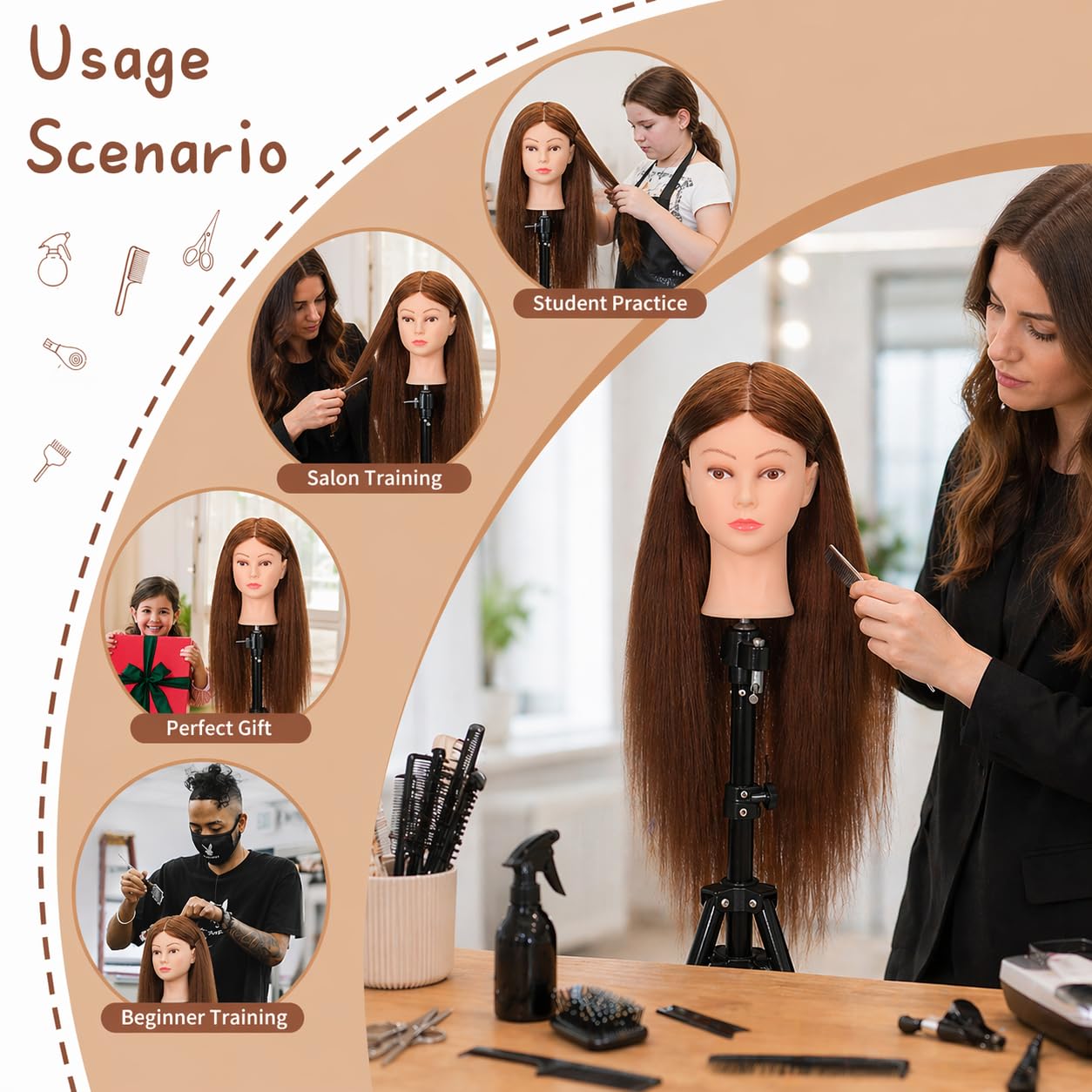 Human Hair Mannequin Head - 22"-24" Cosmetology Training Head with Tripod Stand & Clamp Holder for Styling, Braiding, Cutting