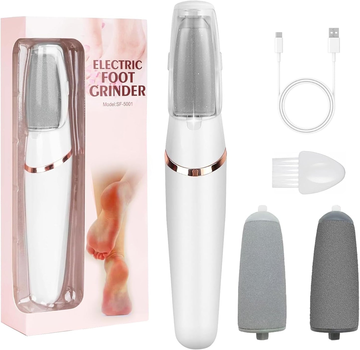 Electric Foot Callus Remover - Rechargeable Pedicure Tool with 2 Speeds & LED Light | At-Home Foot Care for Hard, Cracked Skin (White)
