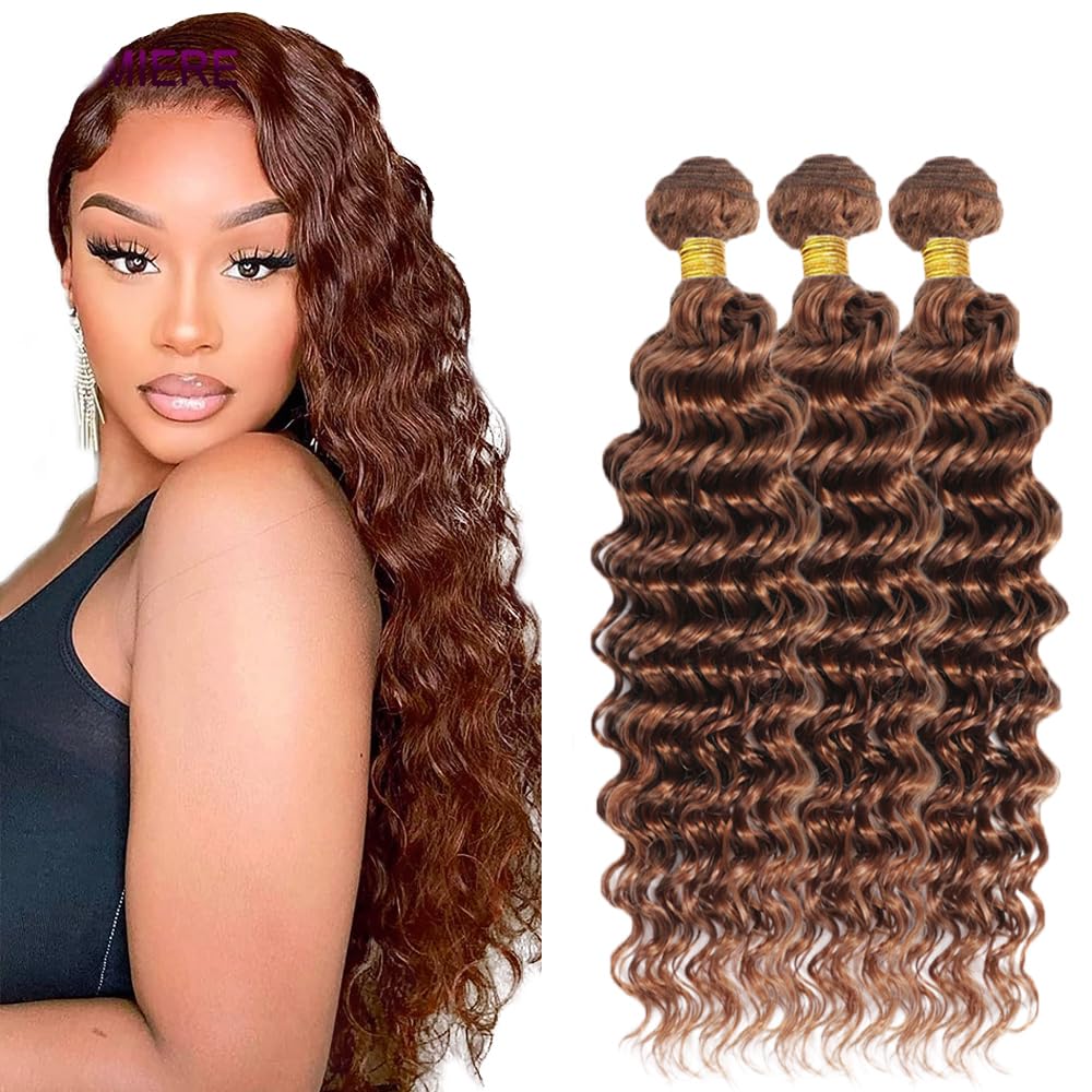 #30 Brown Bundles Human Hair Deep Wave Bundles 22 24 26 Inch Brown Deep Wave Bundle Unprocessed Brazilian Virgin Weave Hair 3 Bundle 50 Gram Per Bundle