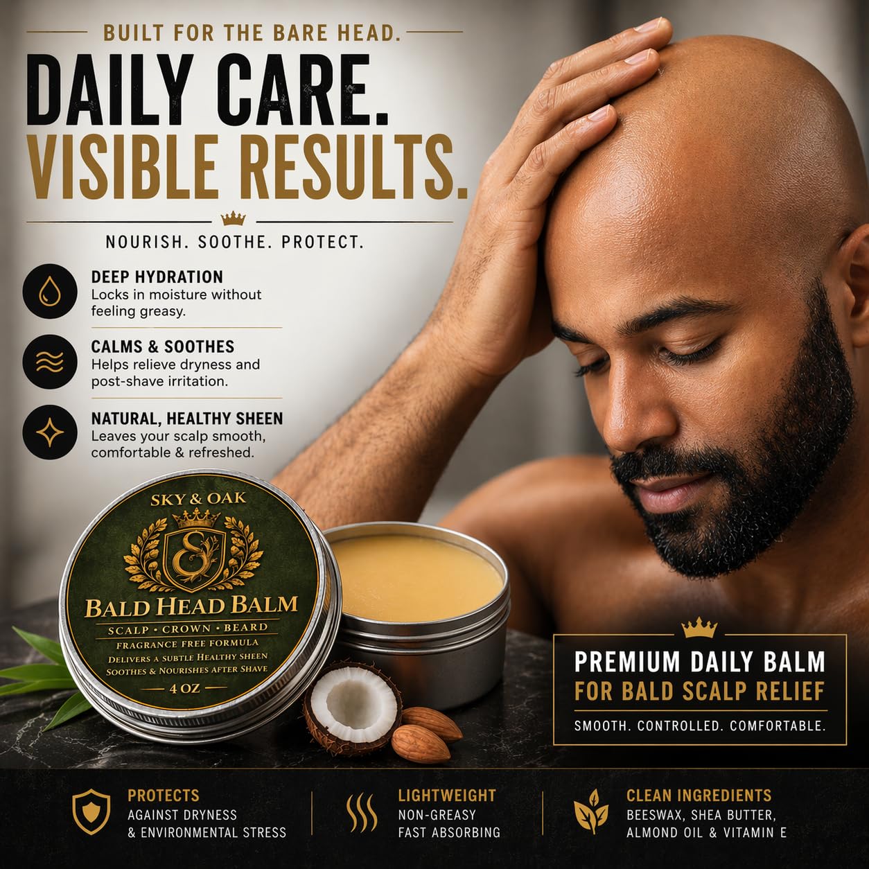 Bald Head Balm for Men - Fragrance-Free Scalp Moisturizer & After Shave Care | 4 oz