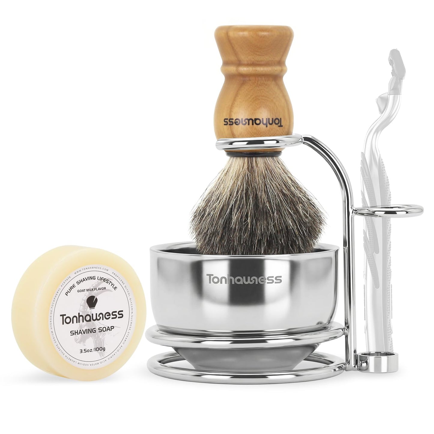 Badger Hair Shaving Brush With Wood Handle, Goat Milk Shaving Soap, Dual-ring Base Stainless Steel Shaving Stand Holder and 3 Layers Shaving Bowl for Men's Wet Shaving (Wood With Badger Hair)