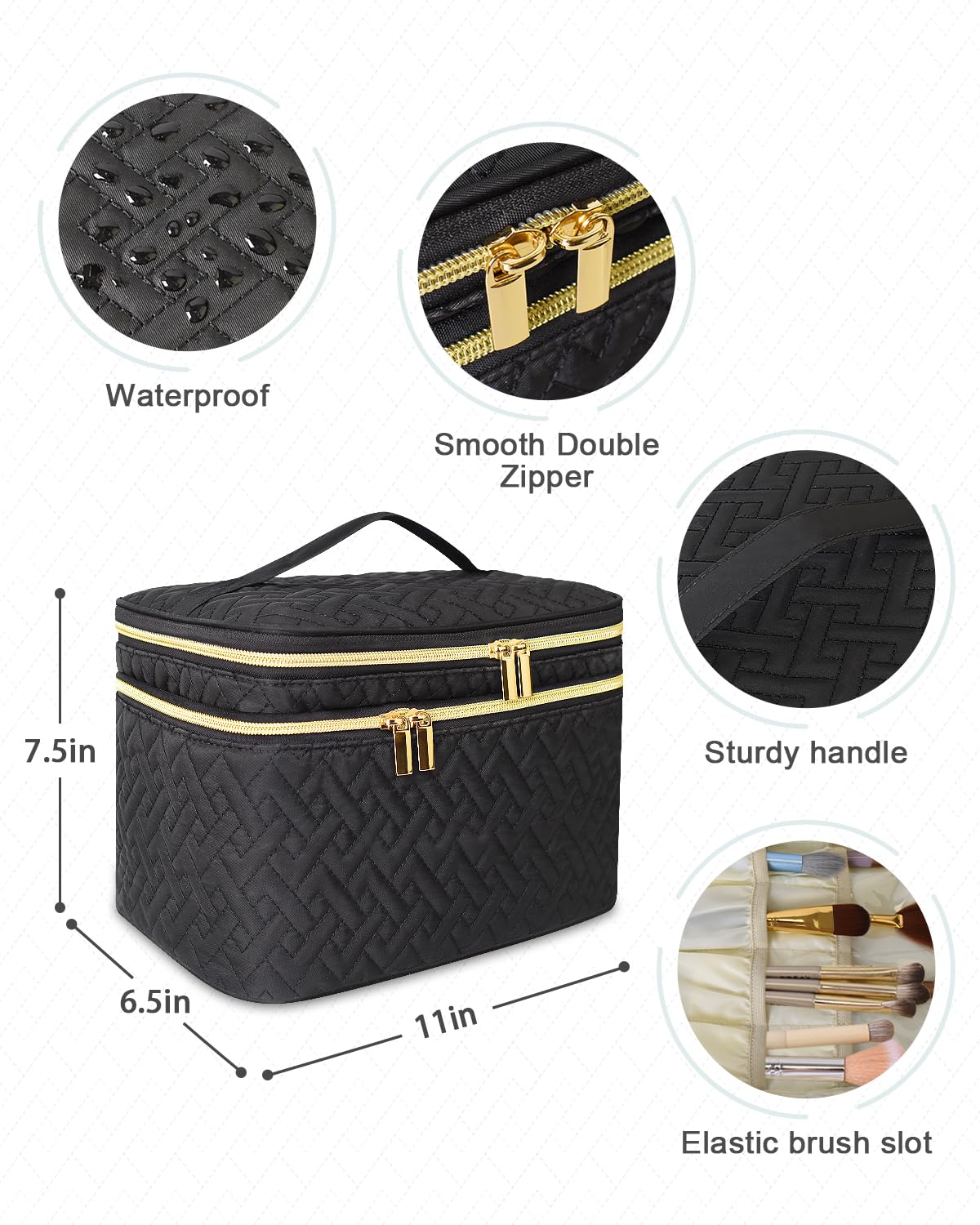 Loyzcy Makeup Bag Organiser for Women, Large Double Layer Cosmetic Make Up Bag with Brush Compartment, Portable and Water-Resistant Toiletry Bag Travel Essentials, Black