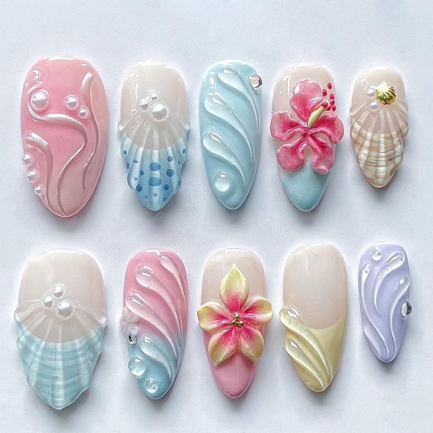 Medium Almond French Tip Press-On Nails - 3D Hibiscus & Gold Starfish Design | 24 Pcs Glossy Summer Acrylics