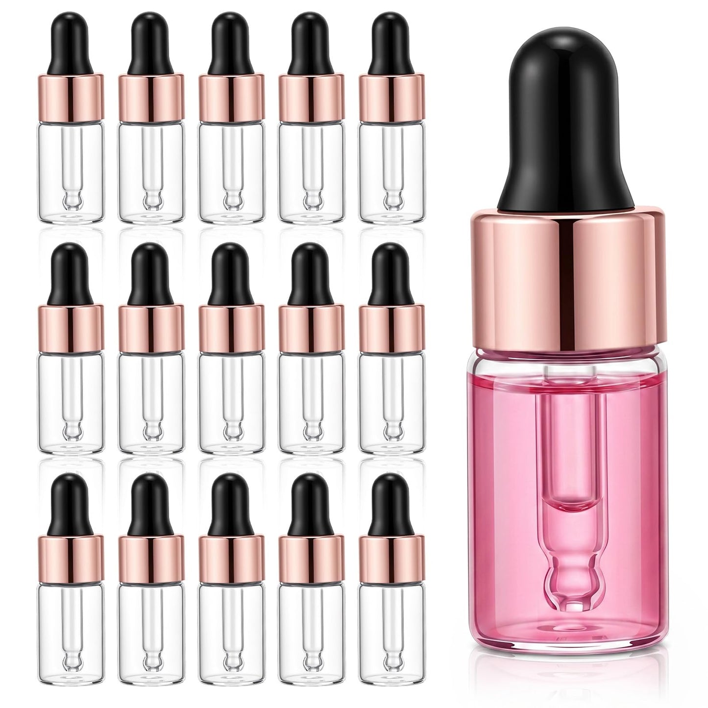 Bremorou 15 Pcs 3ml Mini Glass Dropper Bottle for Essential Oil Small Clear Sample Dropper Vails with Rose Gold Caps Makeup Containers for Essence Liquid Cosmetic Containers