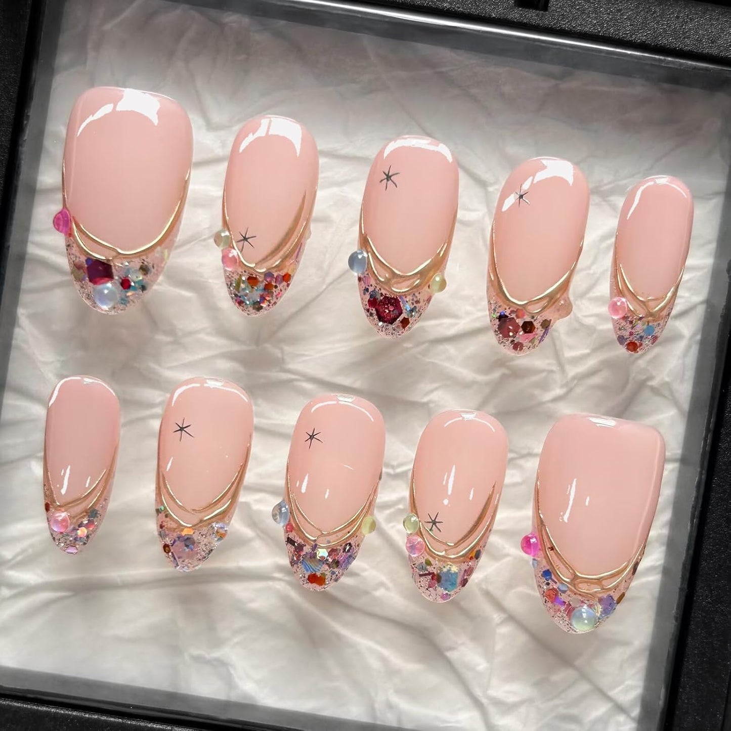 Press On Almond Nails - Handmade 3D Design, Thick Acrylic Gel | Reusable DIY Artificial Nails for Women (10 Pieces)