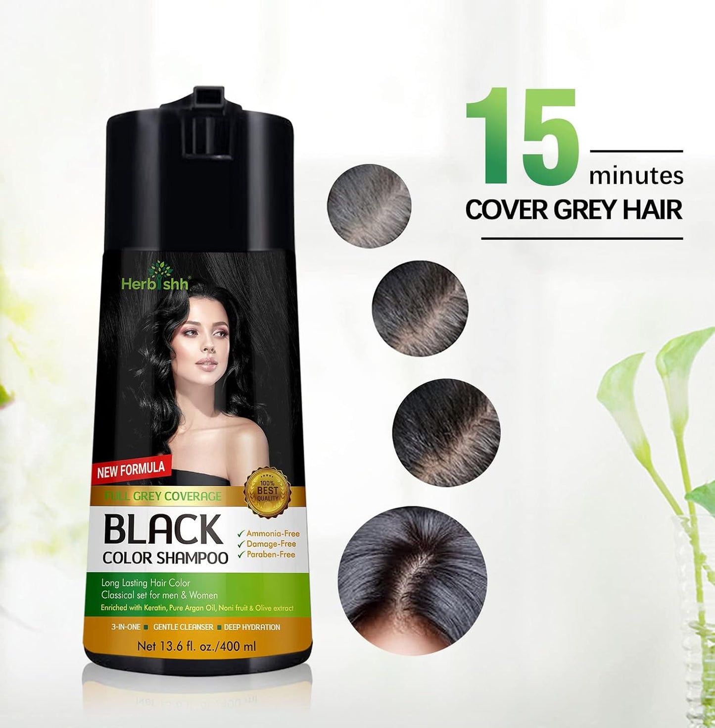 Herbishh Hair Color Shampoo for Gray Hair - Keratin-Enriched Formula for Full Coverage | Black (400ml)