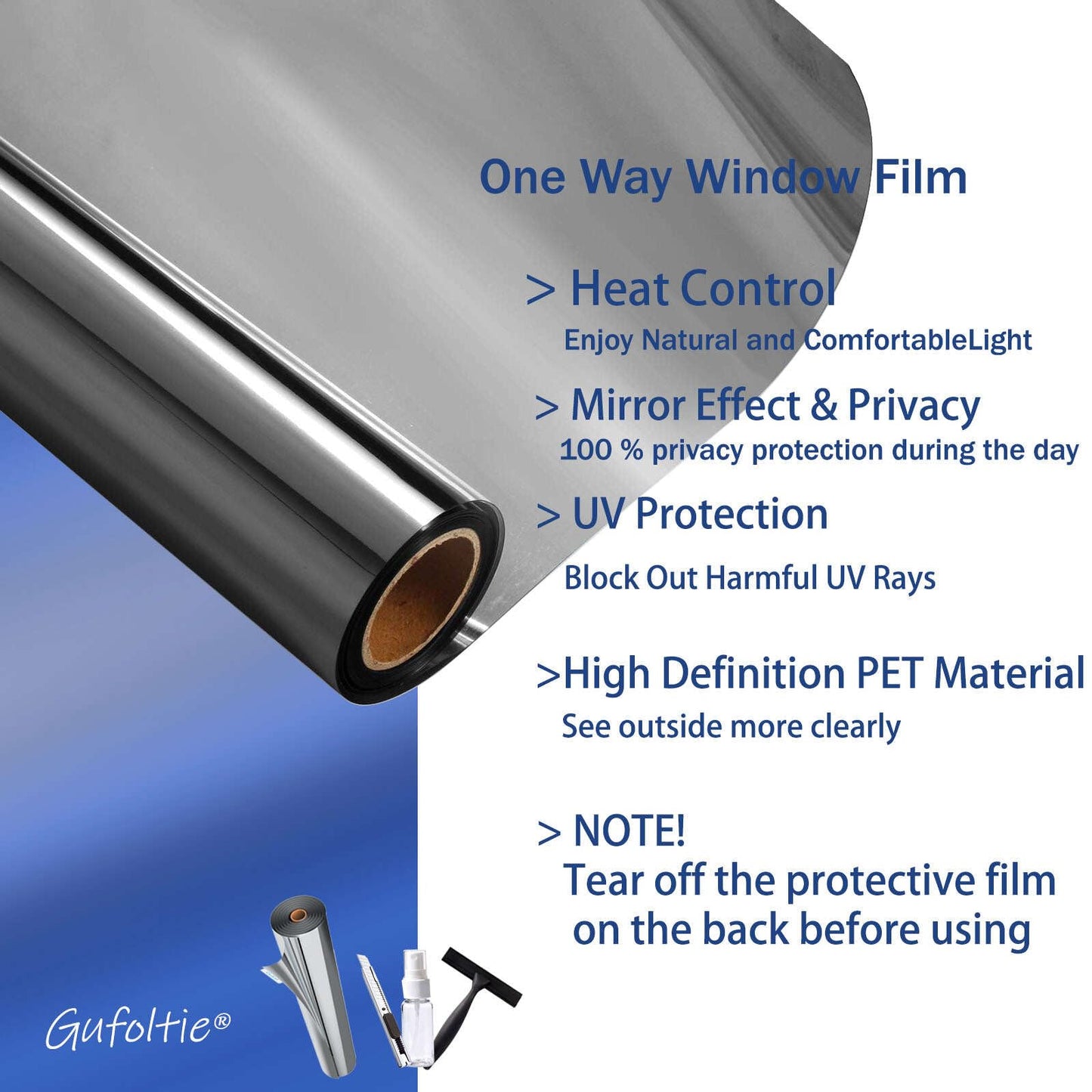 Gufoltie One Way Privacy Window Film Reflective Solar Control Window Film Heat Control Mirror Window Tint for Home Heat Blocking Daytime Privacy See Out Not in, Black Silver, 17.5 Inch X 78.7 Inch