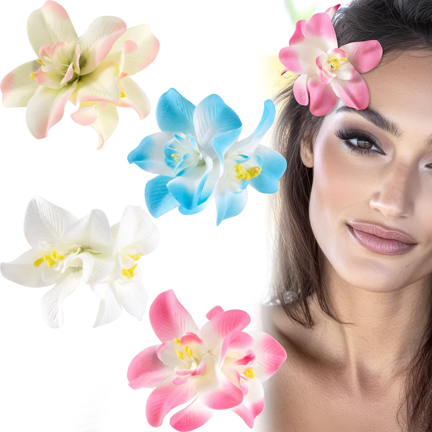 SmallCat 4 Pcs Hawaiian Flower Hair Clips, X Inch Artificial Tropical Flower Clips for Hair, Hibiscus Hair Clip, Flowers Hair Accessories for Women Beach Seaside Wedding Vacation Party (4 Colors)