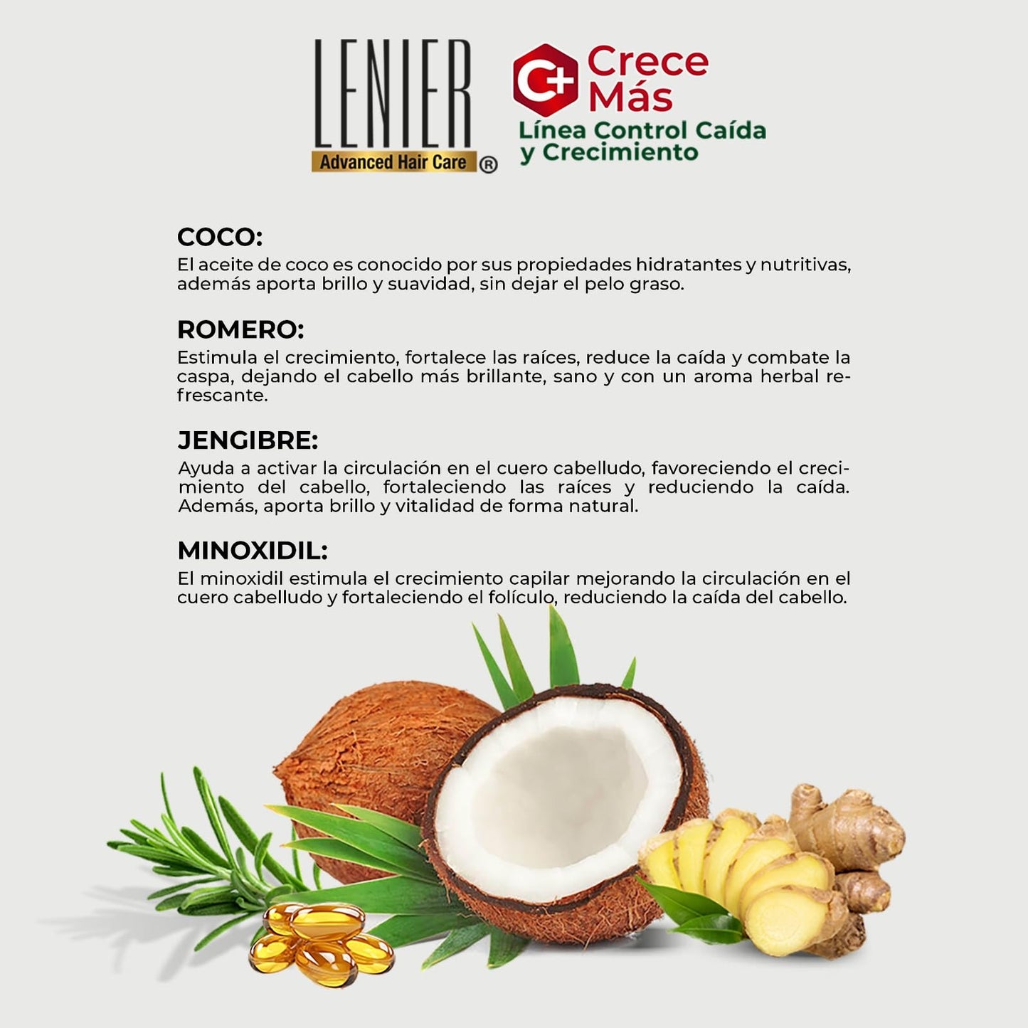 Lenier Crece Más Hair Growth Bundle | 2 Items | Shampoo 17 oz & Hair Treatment 16 oz | Ginger, Coconut Oil & Rosemary | Hair Fall Control & Growth Support | Sulfate & Paraben Free