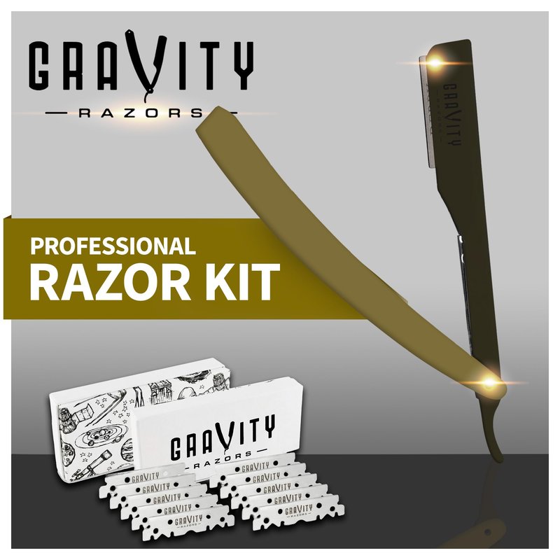 GRAVITY RAZORS Professional Straight Razor Kit – Ultra Exposure, Includes 10 Premium Blades, 2mm Exposed, Gold & Black