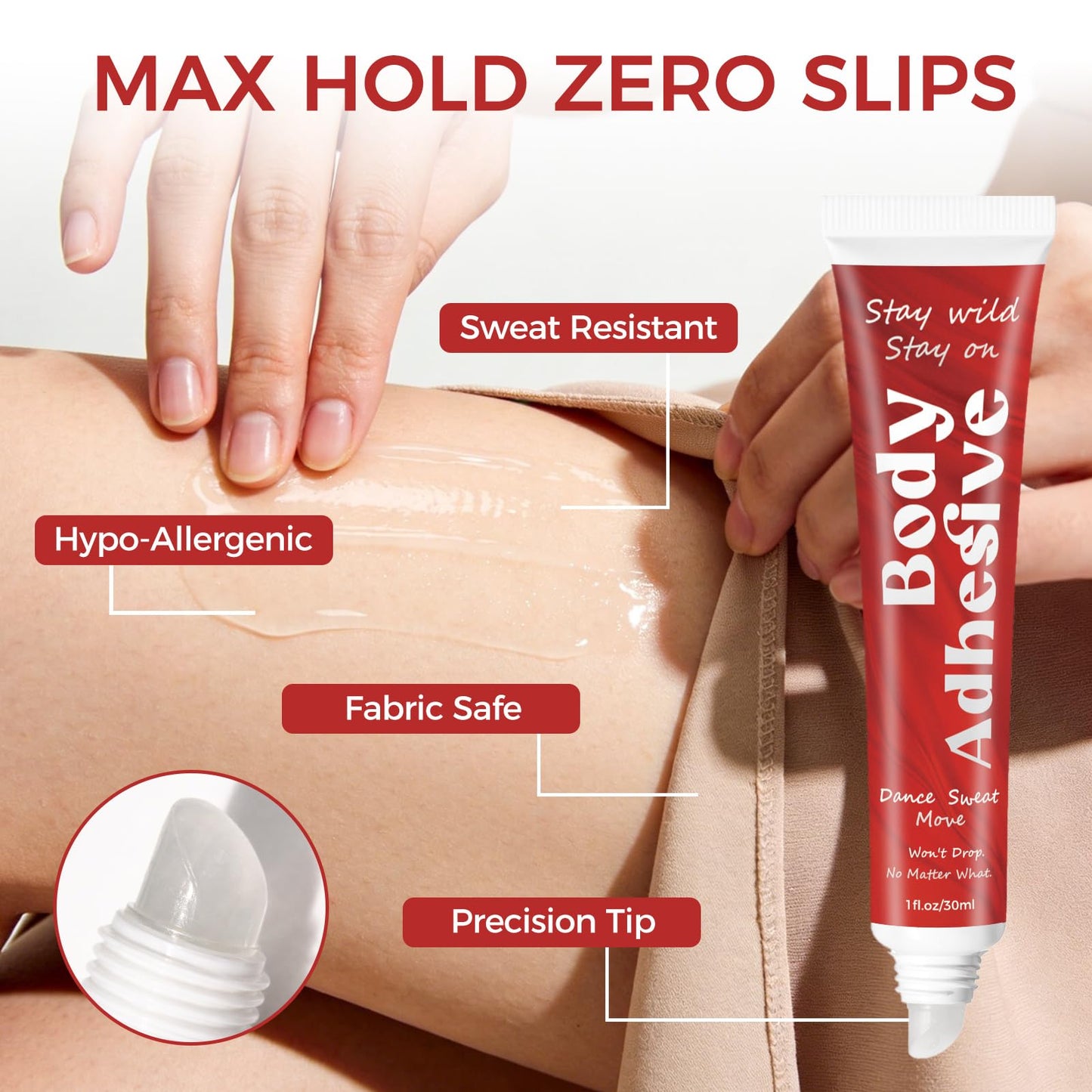 Body Glue Adhesive for Clothes and Skin, Liquid Butt Adhesive for Dancers, Fashion Tape Alternative for Low-Cut Styles for Women's Bras, Wigs, Stockings, Compression Stockings, Leotards, Costumes