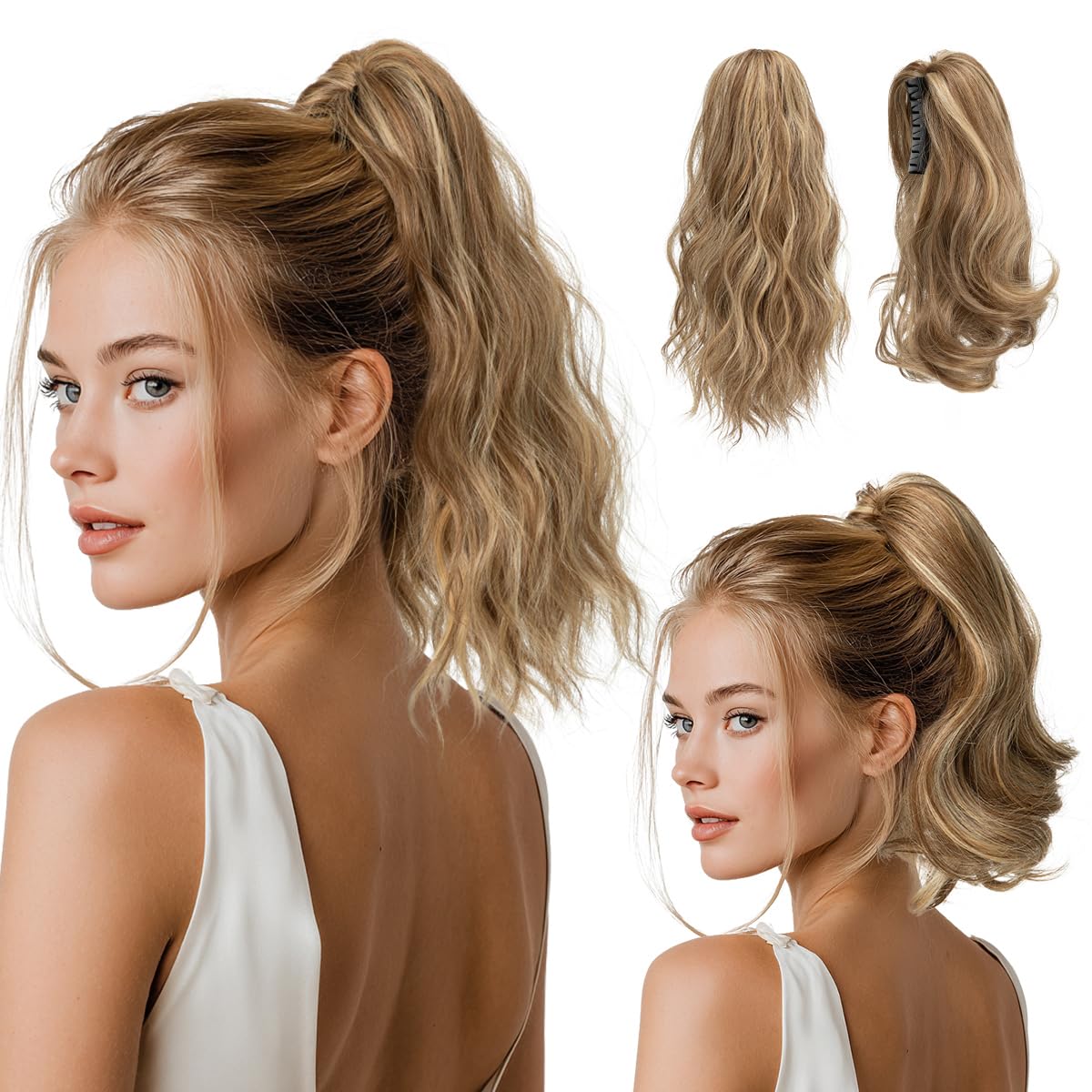 Ponytail Extensions - Wavy Curly Claw Clip Hairpieces for Women | 12" & 14" Beige Multi Set
