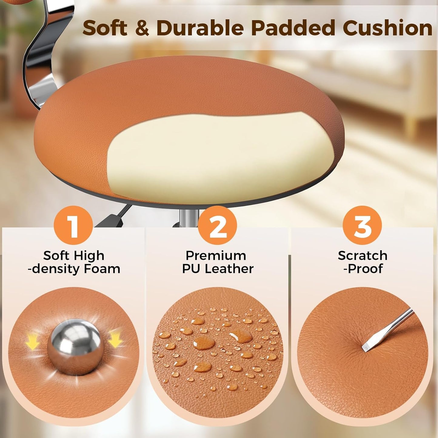 Rolling Stool Chair - Height Adjustable Office Drafting Chair with Back Support | PU Leather Cushion, Camel Color