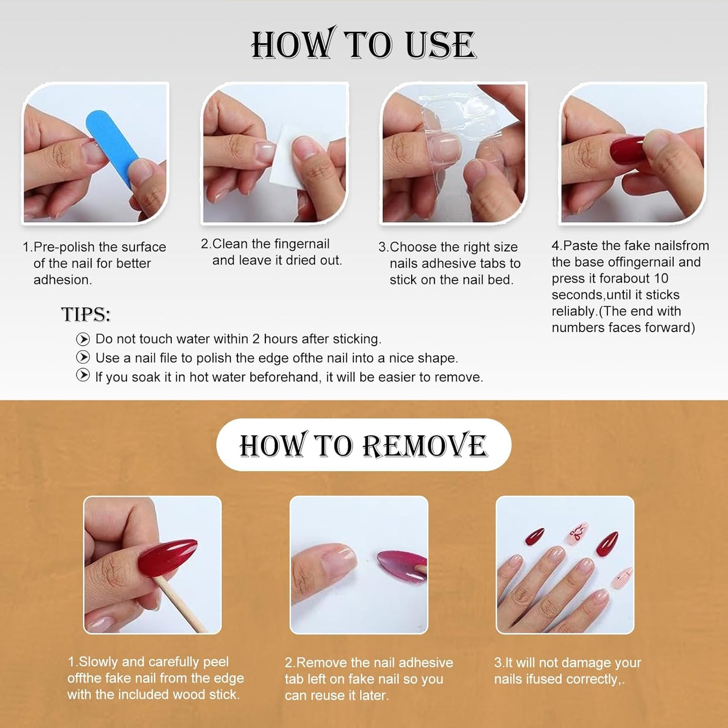Brown French Tip Press On Nails - 3D Metallic Rhinestones | Medium Almond Reusable Acrylic False Nails (10 PCS)