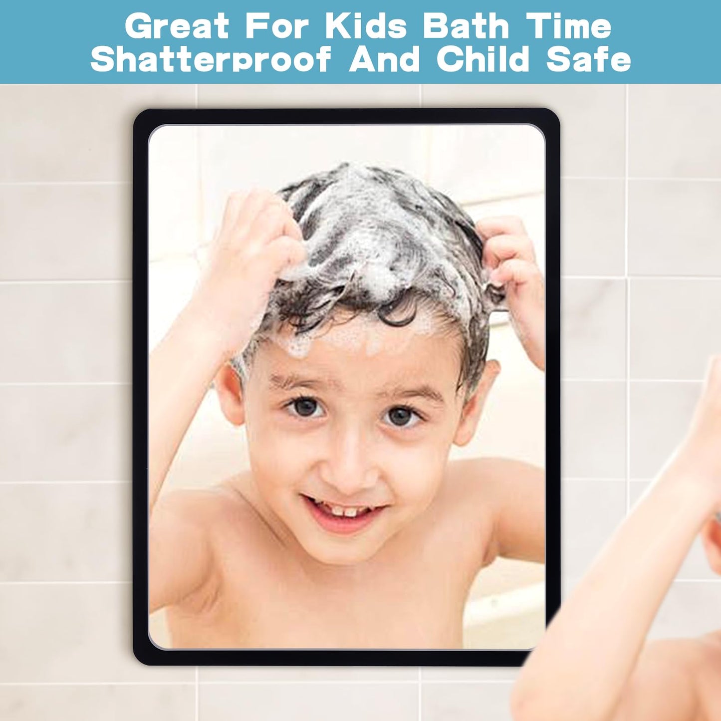YoHumk Fog Free Shower Mirror (9 * 7 inch) 3M Adhesive Anti-Fog Bathroom Wall Mirror, Fogless Shower Makeup Mirror for Shaving, Shatterproof Glassless Child Safe Mirror (Rectangular Black Frame)