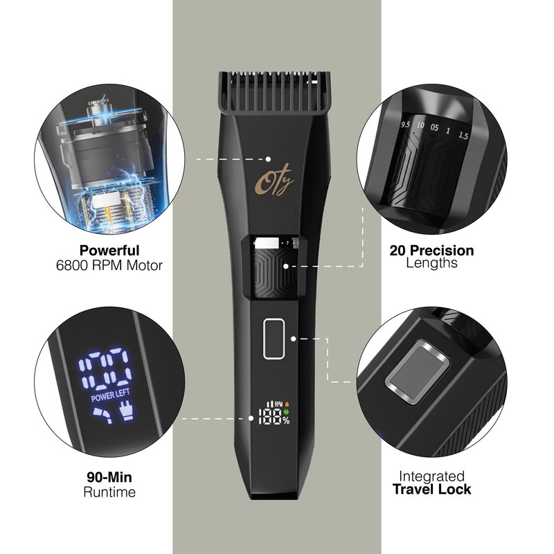 Oty Beard Trimmer for Men Adjustable - Waterproof Cordless Hair Clippers with 20-Length Dial, Stainless Steel Blades, LED Display & Travel Lock - Rechargeable Grooming Kit – Ideal Gift for Men