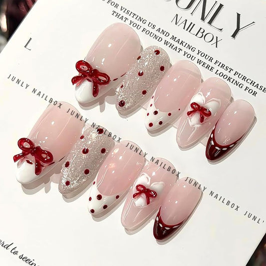 French Tip Press-On Nails - Medium Almond Red Bow Design | Reusable Pink Acrylic 30 Pcs