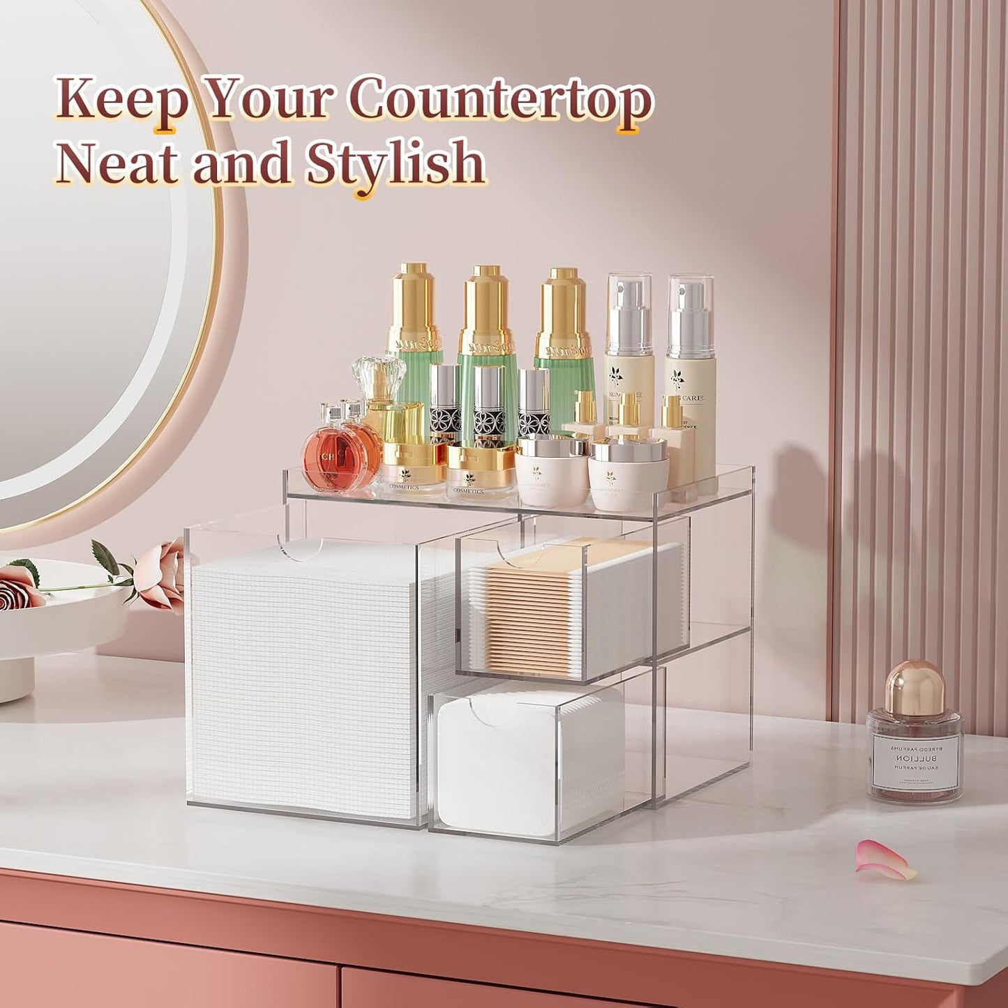 Clear Acrylic Face Towel Holder - 3 Drawer Organizer for XL Facial Towels, Cotton Pads & Skincare Tools | Bathroom Vanity Storage