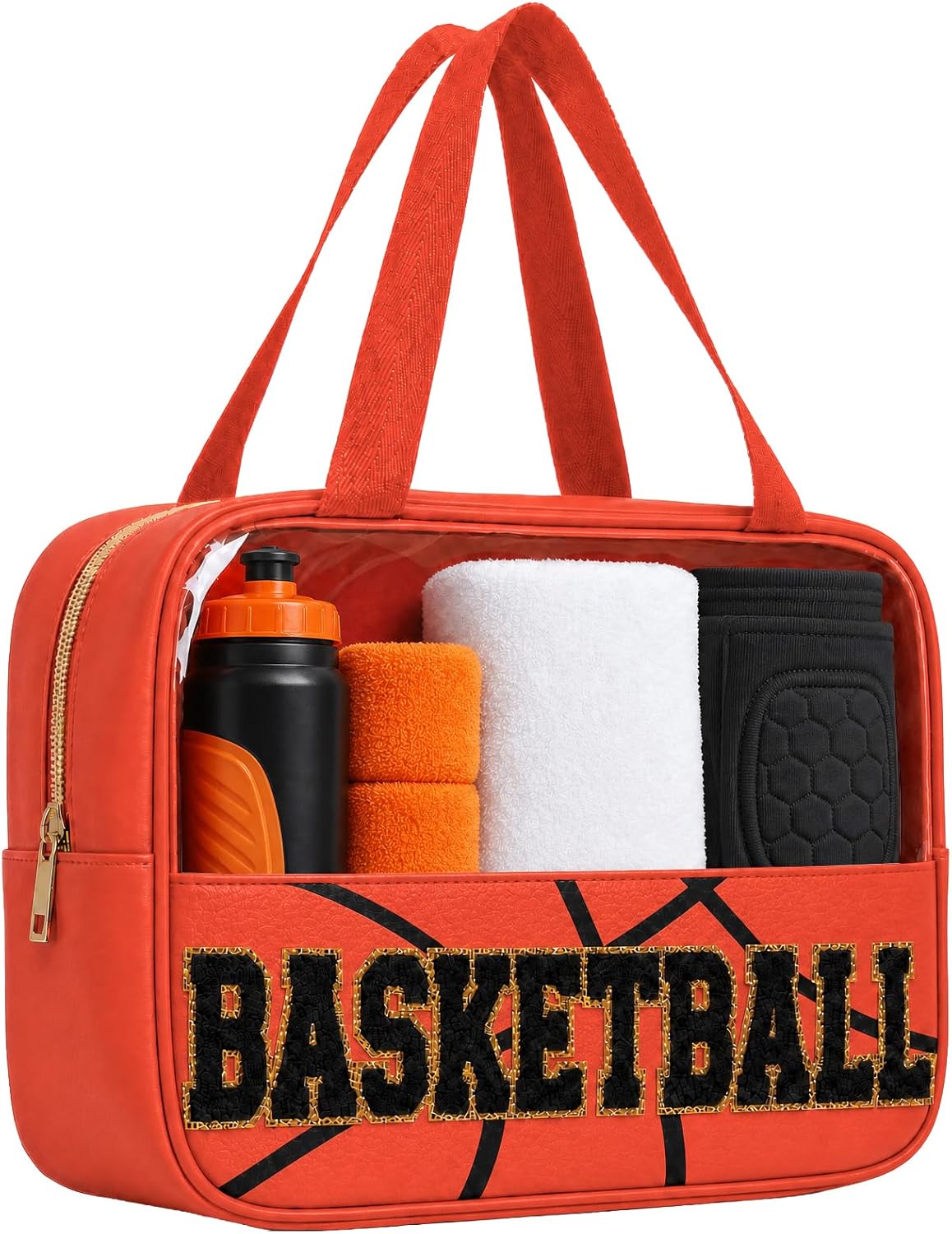Basketball Makeup Bag - Clear Chenille Cosmetic Pouch with Zipper | Portable Travel Toiletry Bag for Women