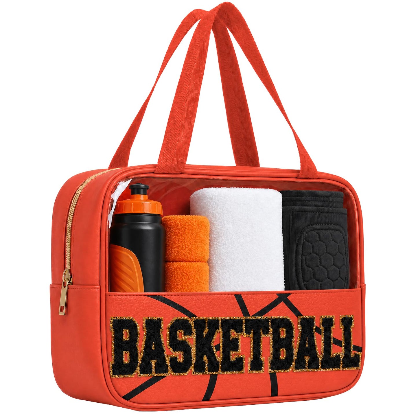 PPeen Basketball Makeup Bag for Women, Clear Chenille Letter Cosmetic Pouch with Zipper, Portable Travel Toiletry Bag, Basketball Gift for Girls