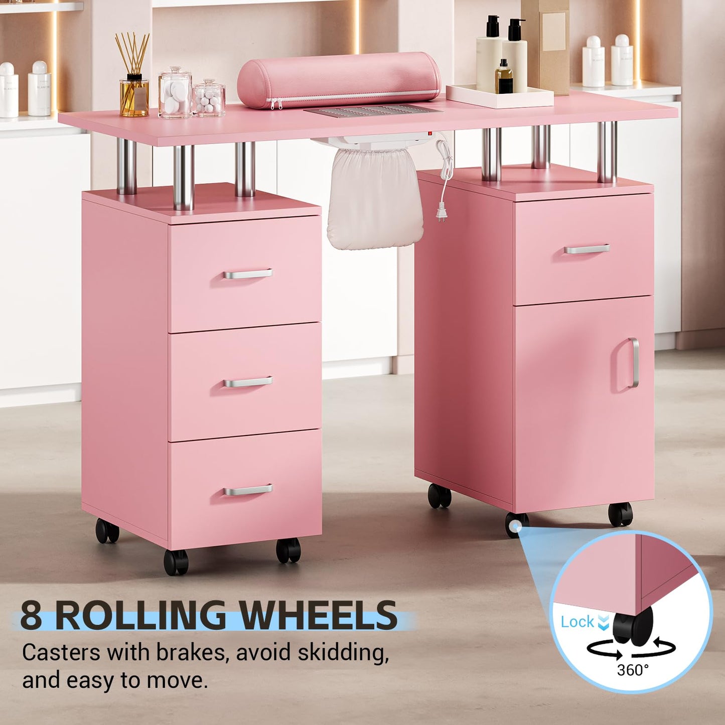 LEISULIF Professional Manicure Station with Dust Collector and Wrist Cushion, Mobile Nail Tech Desk Featuring 4 Drawers, Storage Cabinet and Lockable Wheels for Salon and Home Use - Pink