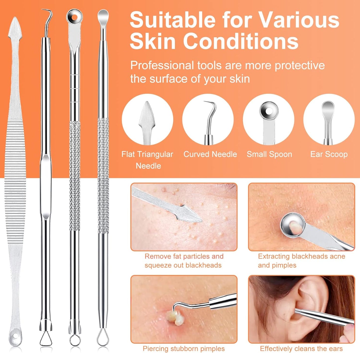 Pimple Popper Tool Kit - 15 PCS Professional Stainless Steel Blackhead Remover Set | Acne Extraction Tools in Metal Case (Silver)