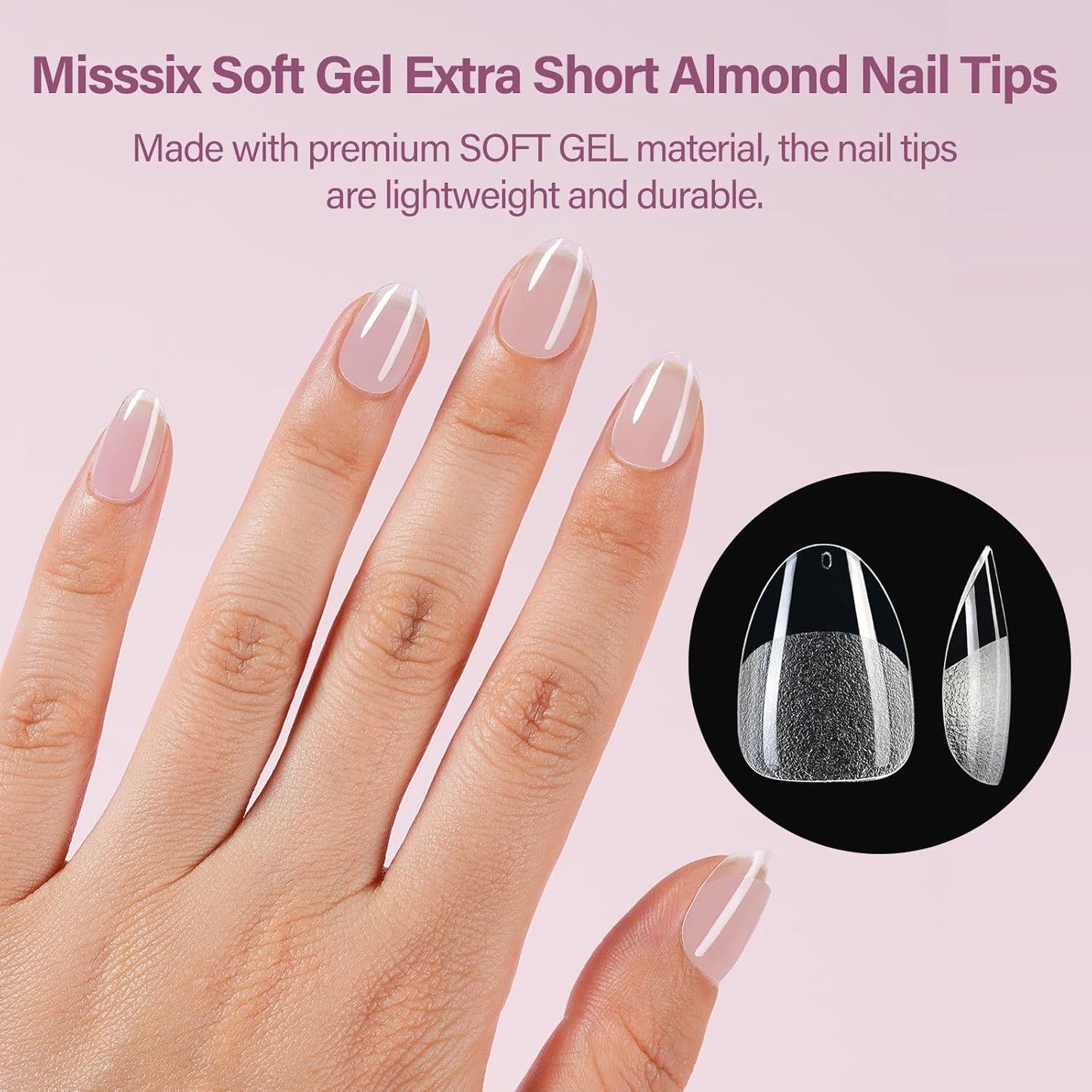 Almond Gel Nail Tips Kit - 216 Pre-Etched Clear Fake Nails | 9-in-1 Gel Glue & Mini UV Lamp for Women, 12 Sizes