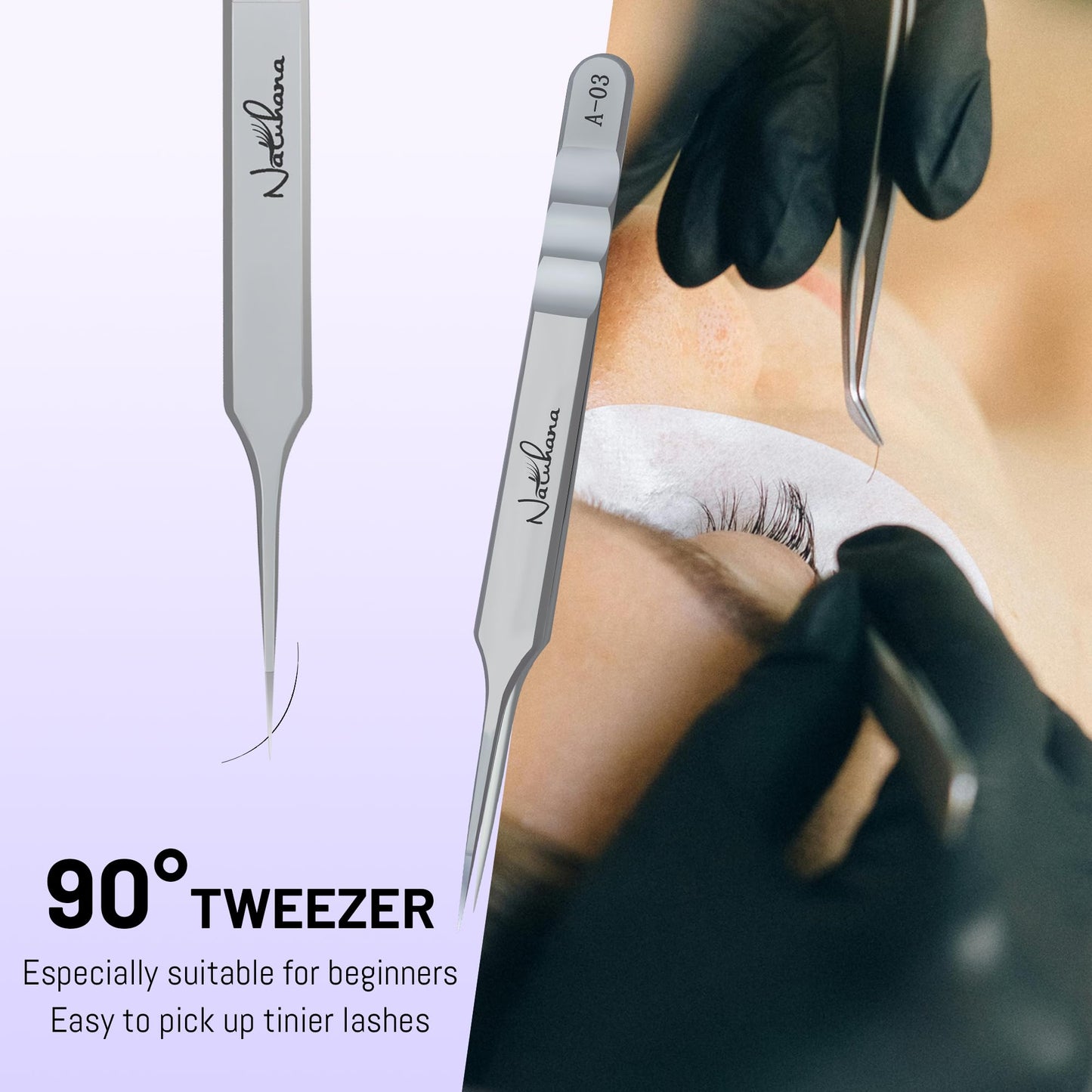 Natuhana High Precision Lash Tweezers for Individual and Volume Eyelash Extensions Premium Stainless Steel Curved Fiber Tip Professional Isolation Tweezer