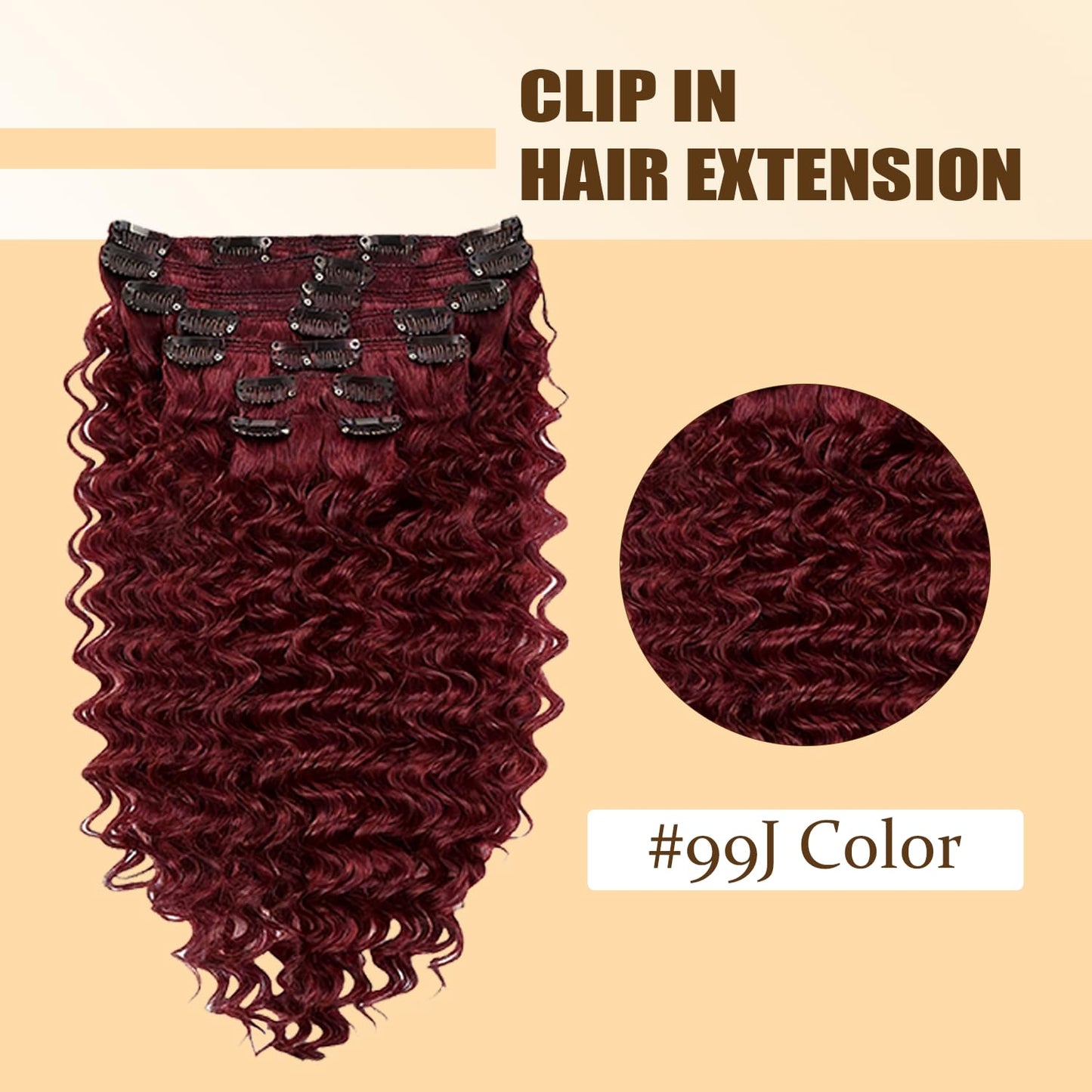 #99J Burgundy Clip in Hair Extensions Real Human Hair, 22 Inch 120g/7Pcs,Full Shine Remy Human Hair,Wine Red Deep Wave Clip ins Brazilian Virgin Human Hair Extensions