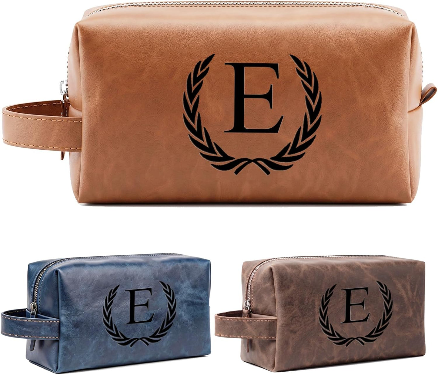 Personalized Leather Toiletry Bag for Men | Engraved Initial Waterproof Travel Bag - Dark Brown